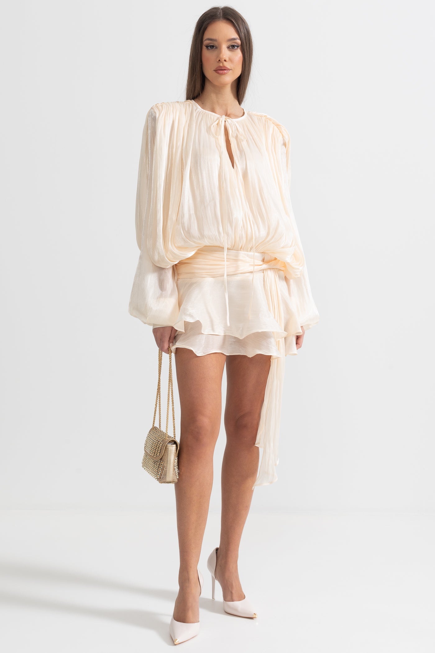 Ruffled Long Sleeved Mini Dress With Flowing Silhouette - Apricot