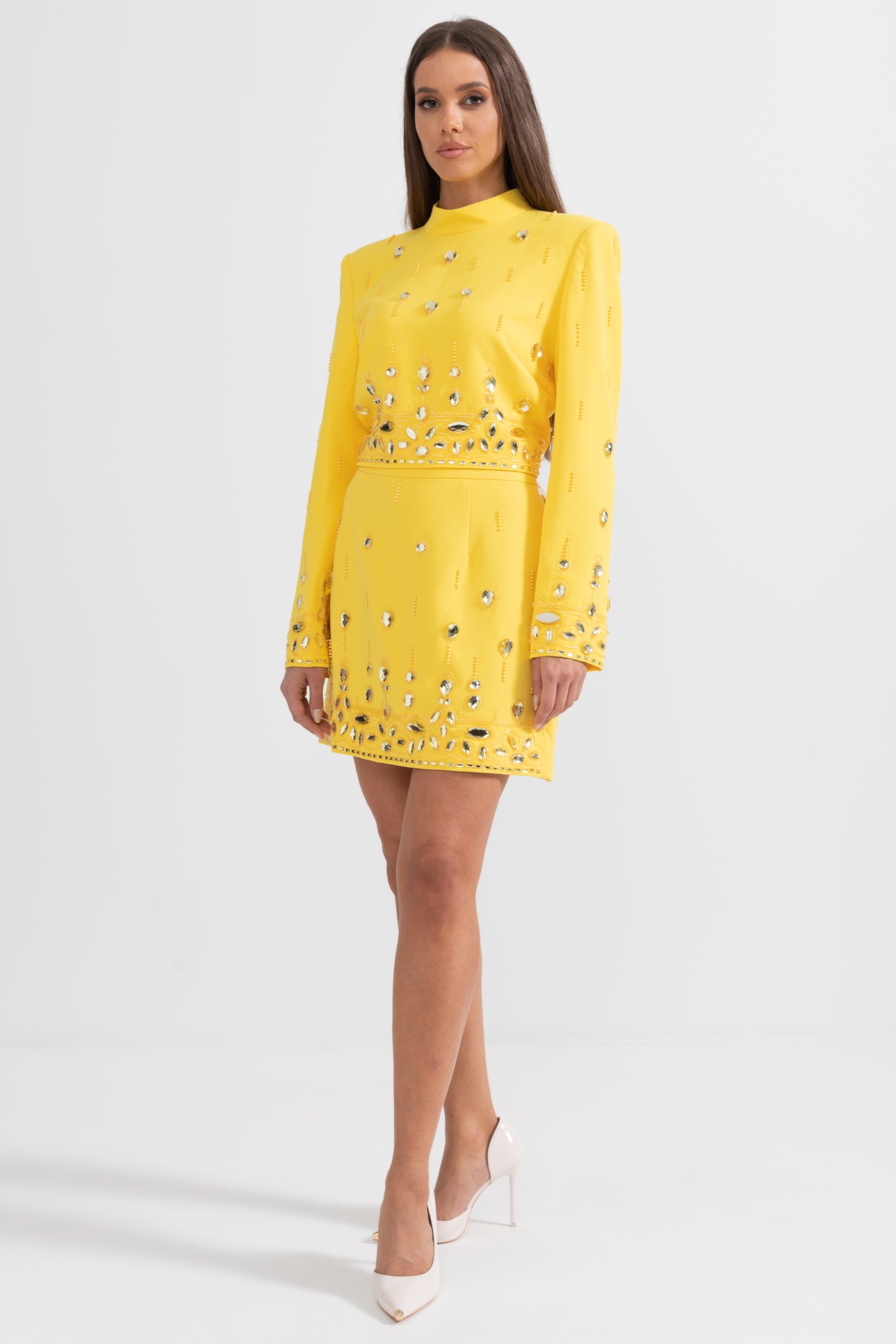 Diamond Embellished Co-Ord with Mini Skirt- Yellow