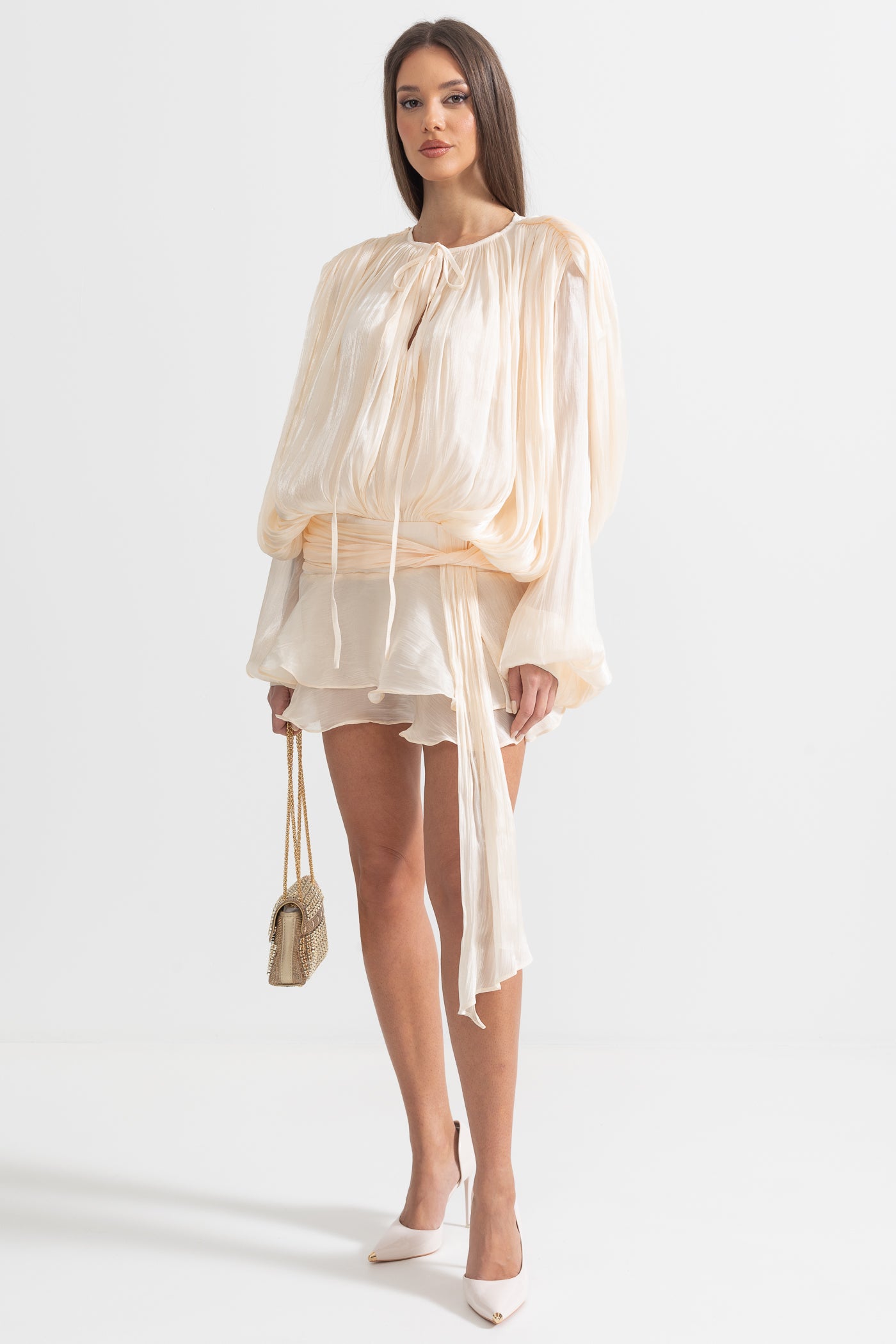 Ruffled Long Sleeved Mini Dress With Flowing Silhouette - Apricot