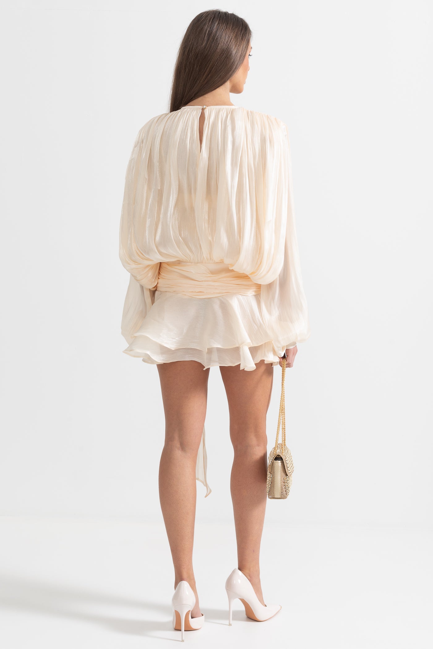 Ruffled Long Sleeved Mini Dress With Flowing Silhouette - Apricot