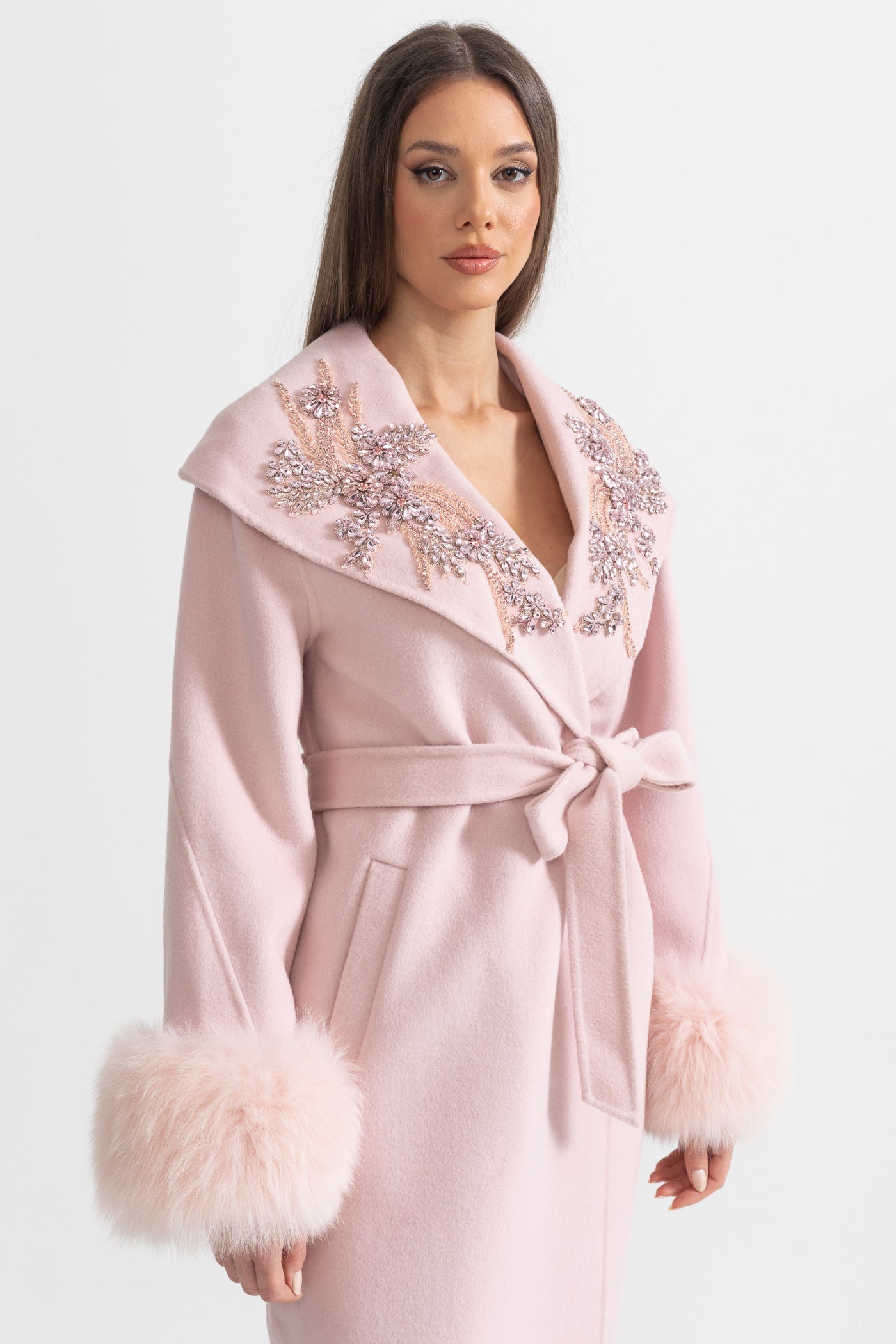 Cashmere Overcoat With Fox Fur Cuffs And 3D Floral Detailing - Pink