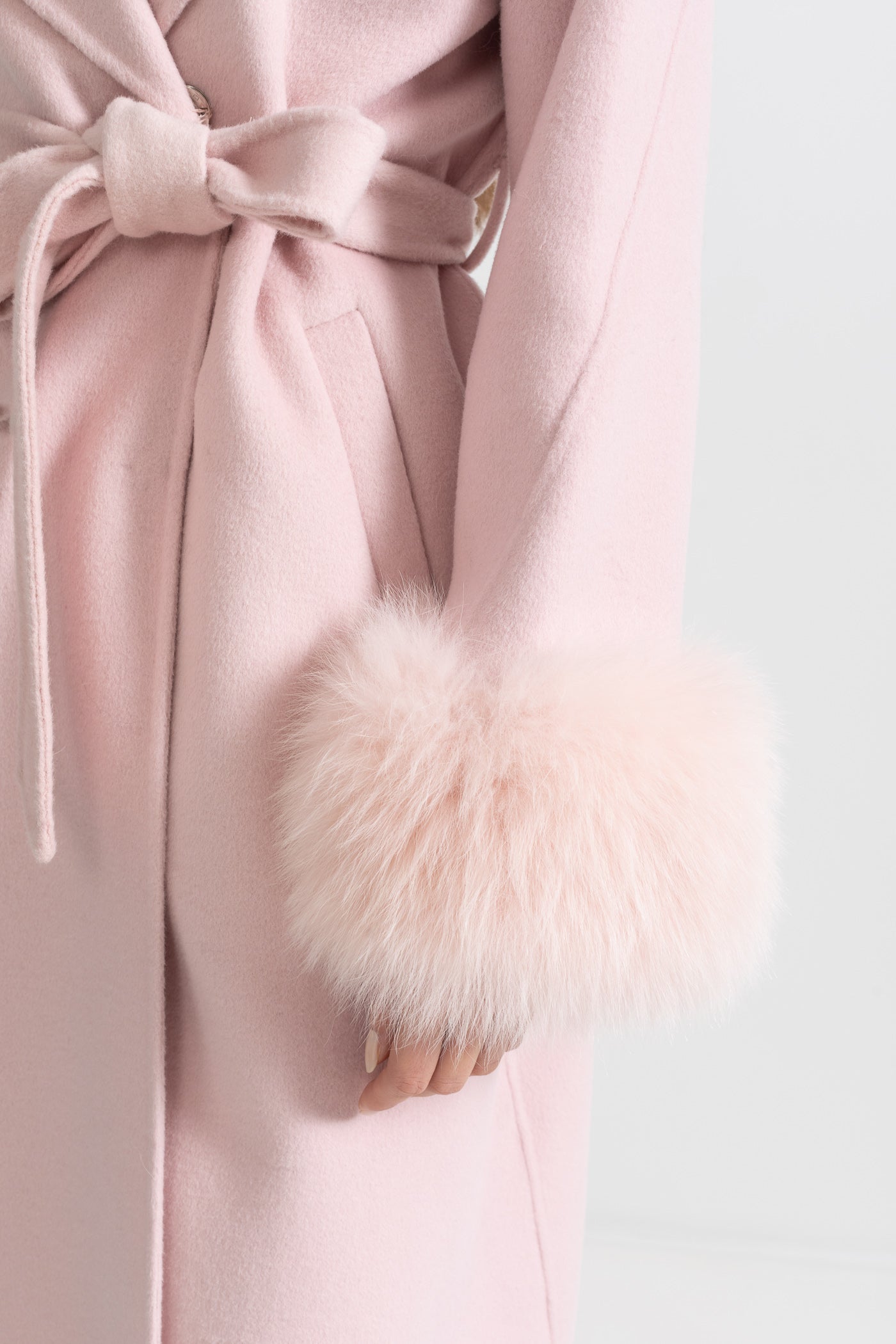 Cashmere Overcoat With Fox Fur Cuffs And 3D Floral Detailing - Pink