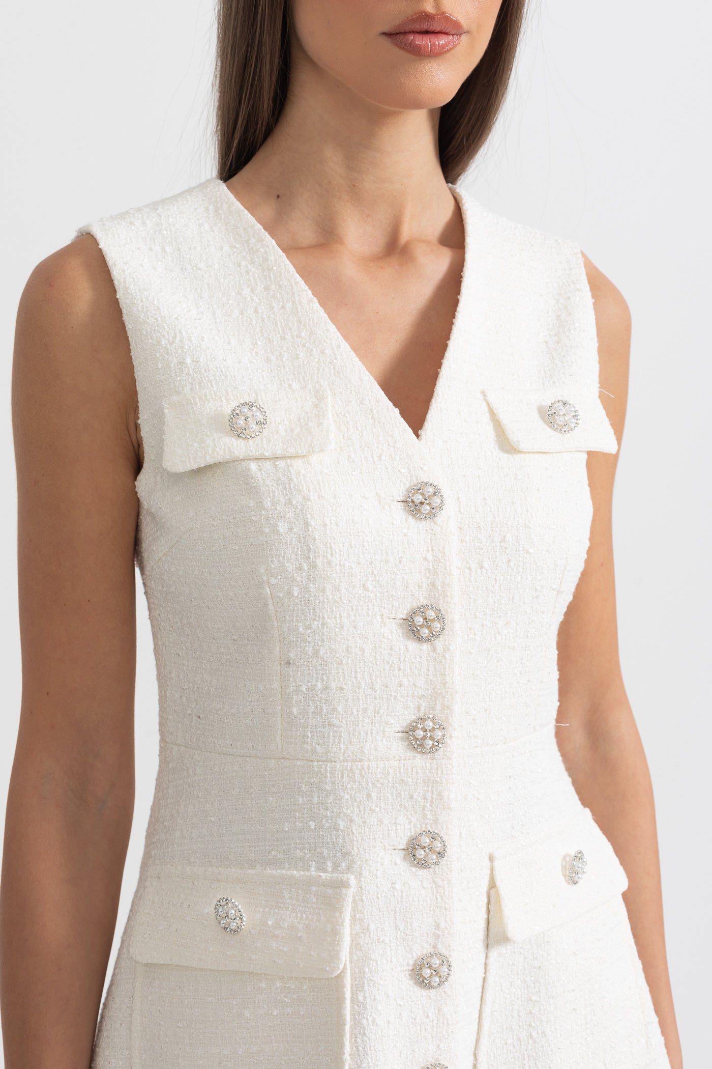 Textured Sleeveless Dress With Front Pockets - White