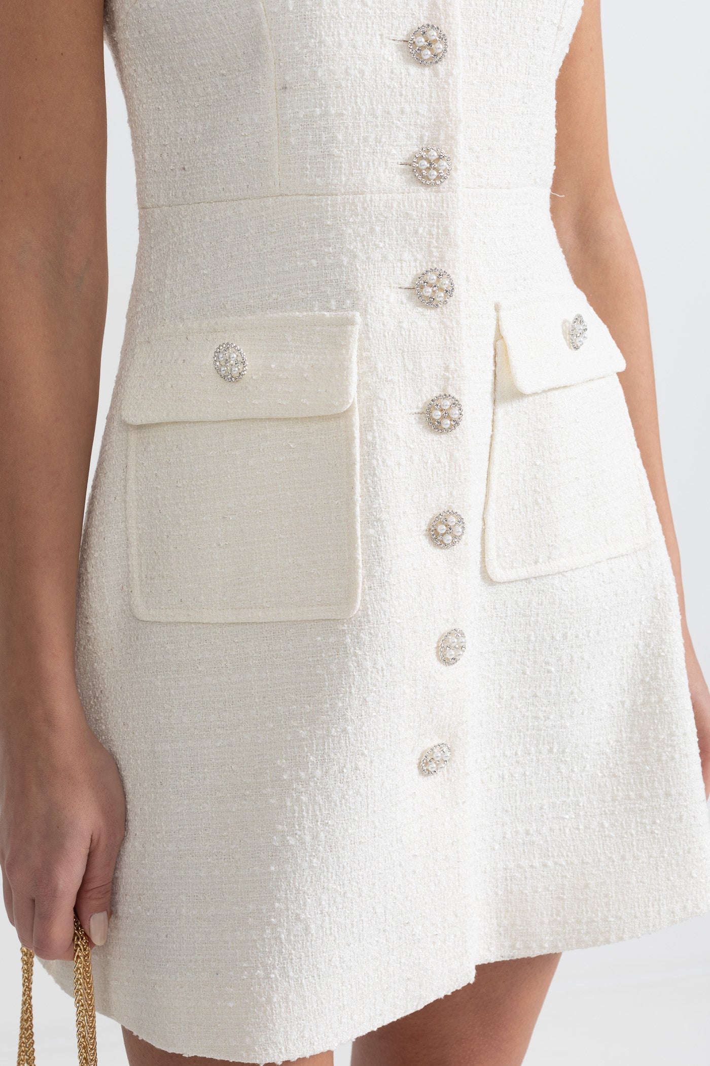 Textured Sleeveless Dress With Front Pockets - White