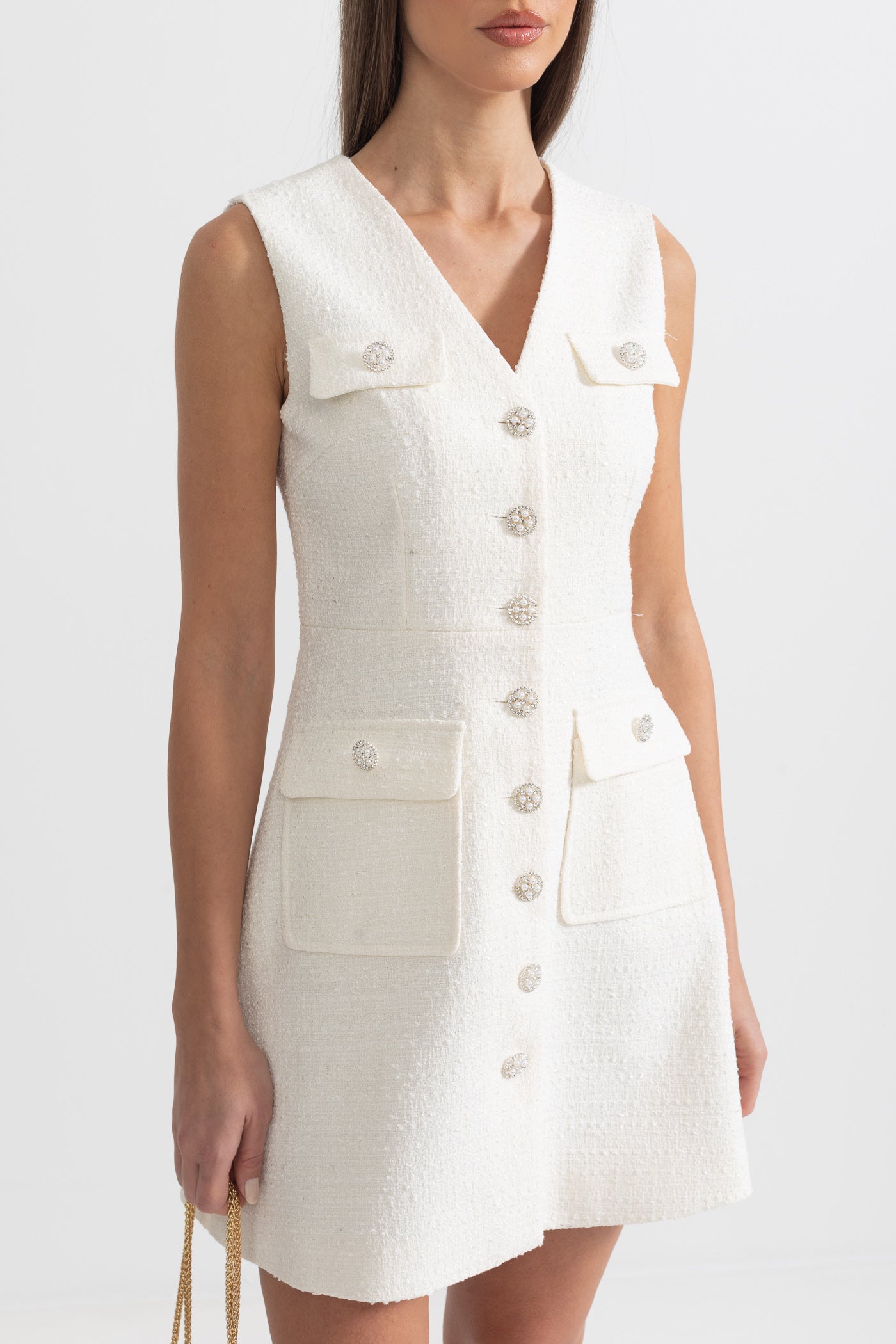 Textured Sleeveless Dress With Front Pockets - White