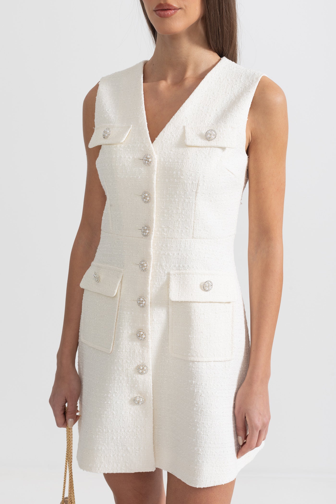 Textured Sleeveless Dress With Front Pockets - White