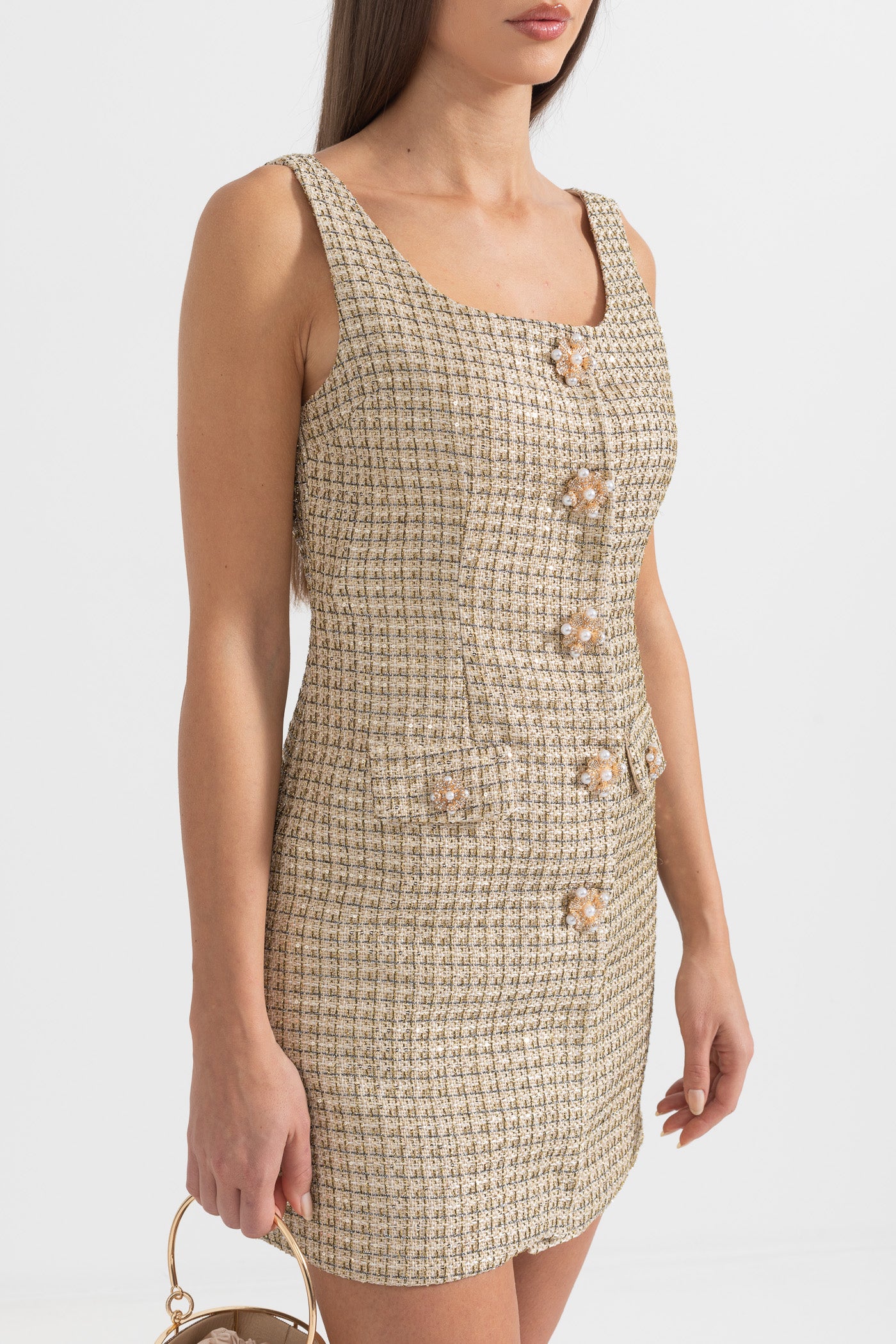 Patterned Mini Dress With Gold Decorative Buttons - Gold