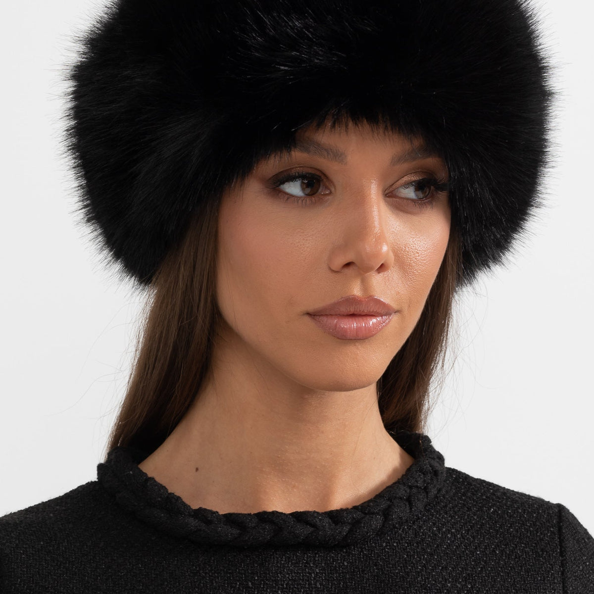 Black Faux Fur Wide Brim Winter Hat Black Faux Fur Big Brim Bucket Hat – Sarah Sokol Millinery main image 3