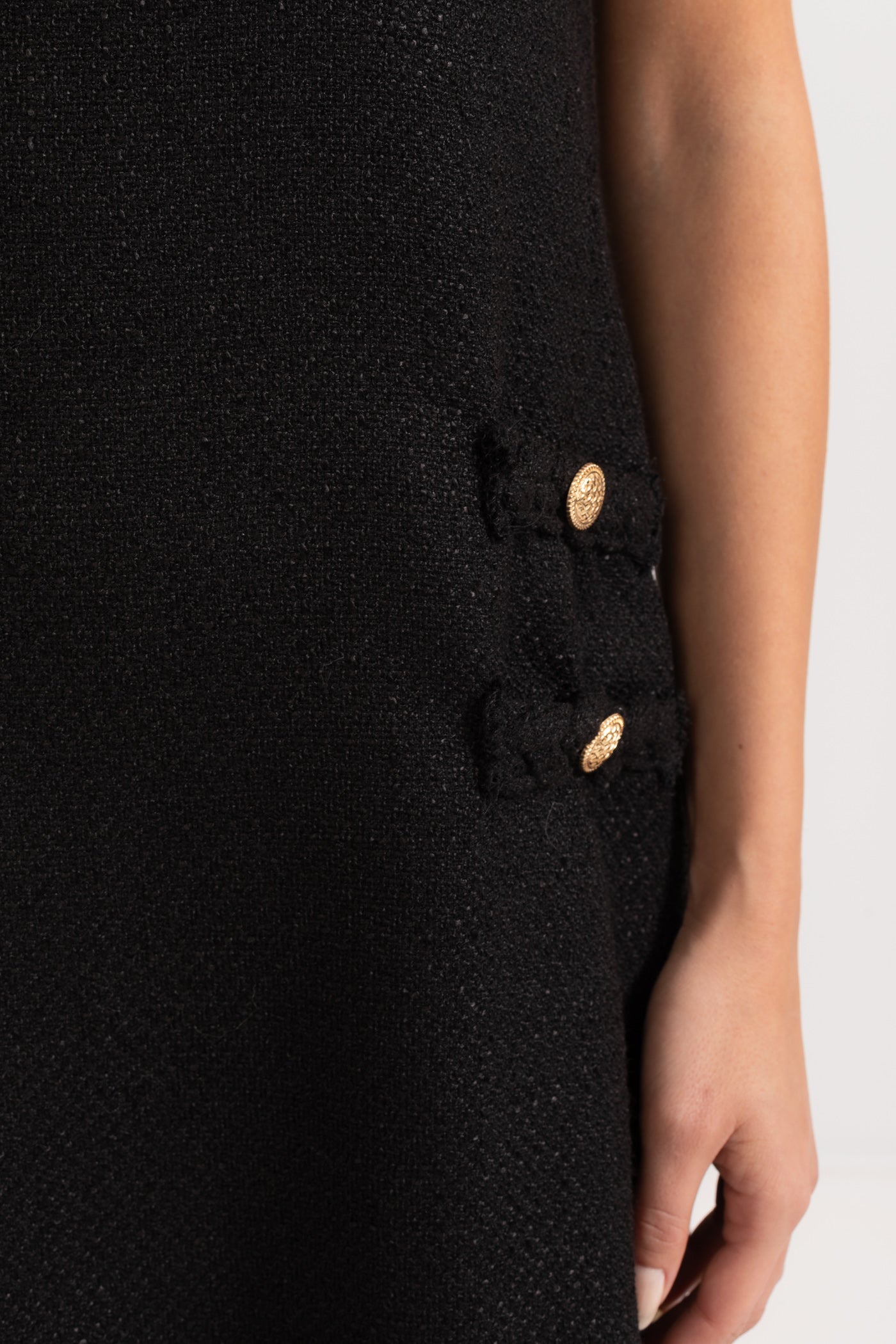 Short-Sleeve Textured Dress With Braided Accents - Black