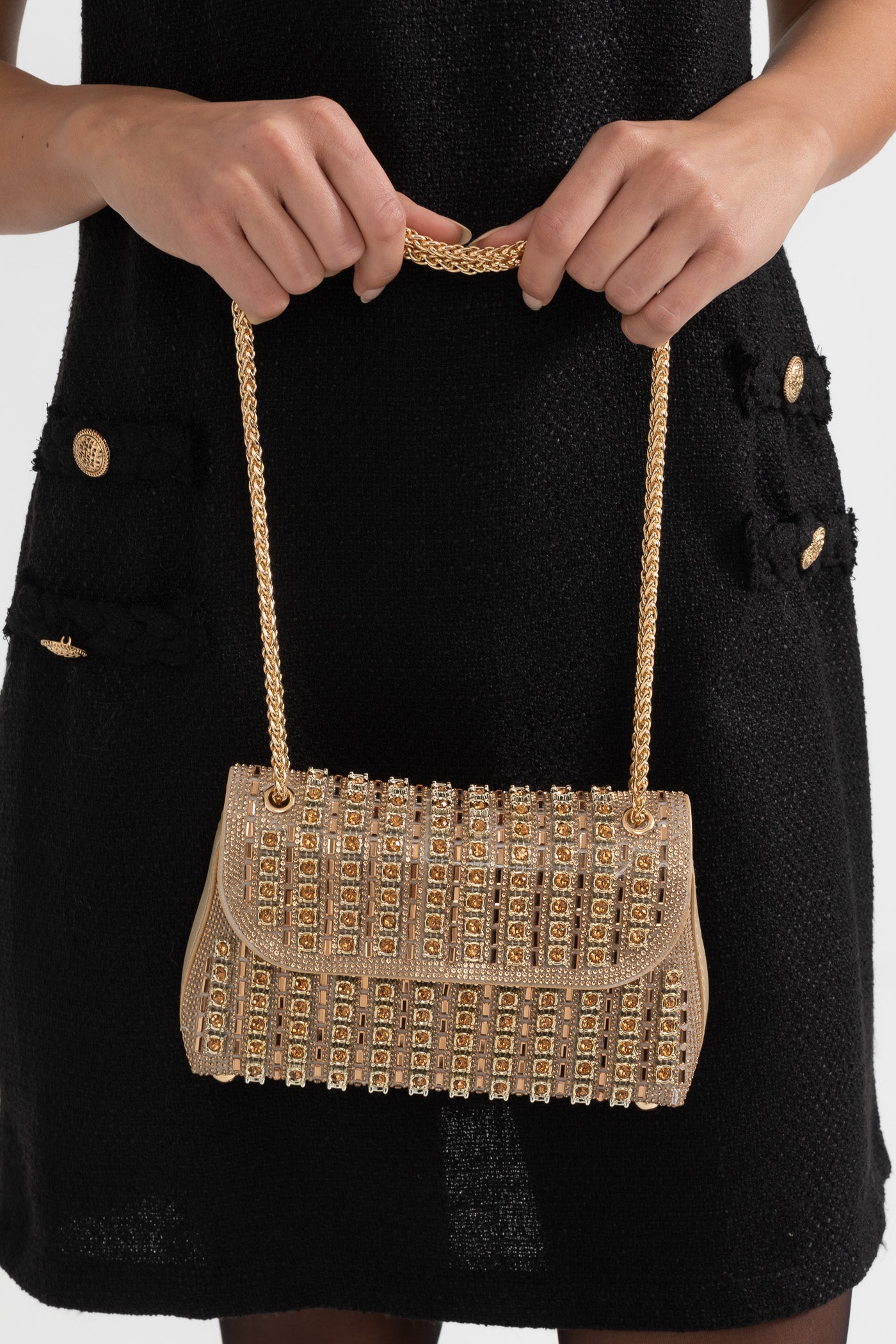 Glistening Woven Handbag With Shimmering Rhinestone Embellishments - Gold