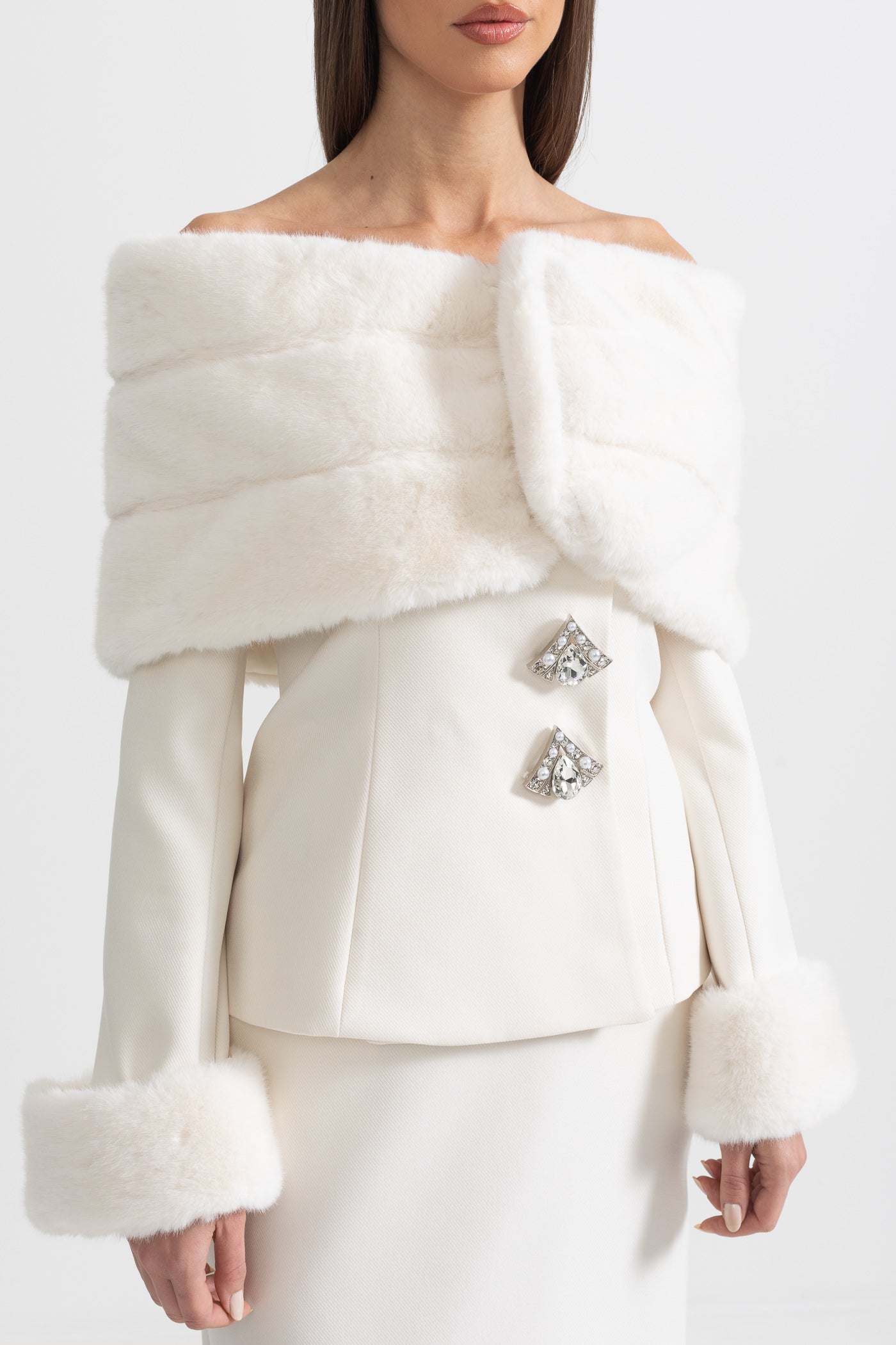 Two-Piece Ensemble With Faux Fur Shawl, Cuffs And Maxi Skirt - White