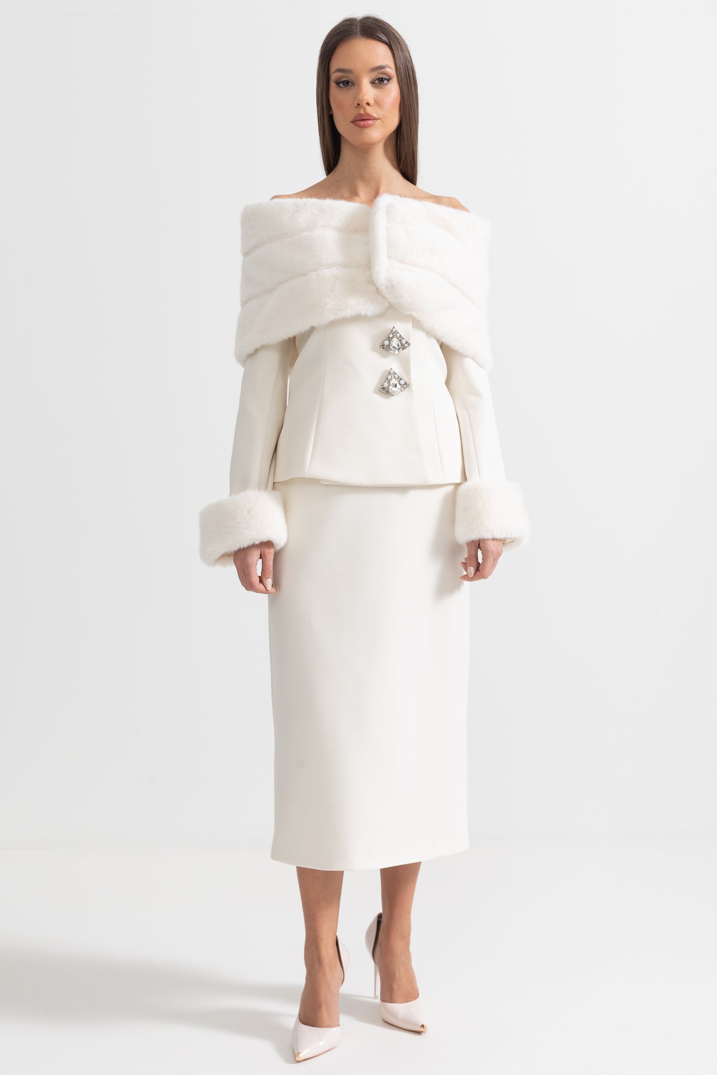 Two-Piece Ensemble With Faux Fur Shawl, Cuffs And Maxi Skirt - White