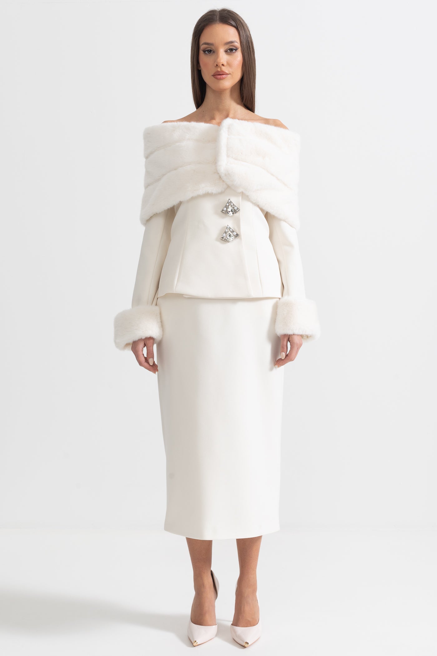 Two-Piece Ensemble With Faux Fur Shawl, Cuffs And Maxi Skirt - White