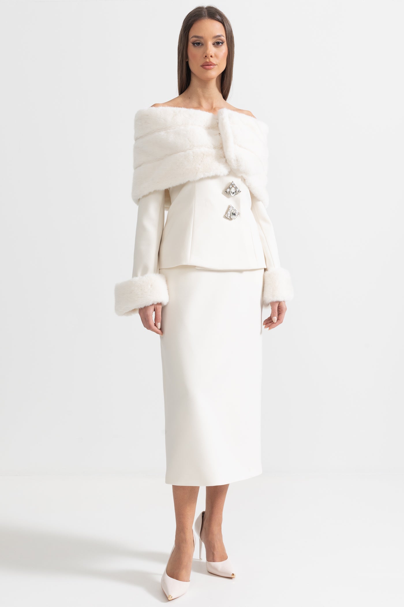 Two-Piece Ensemble With Faux Fur Shawl, Cuffs And Maxi Skirt - White