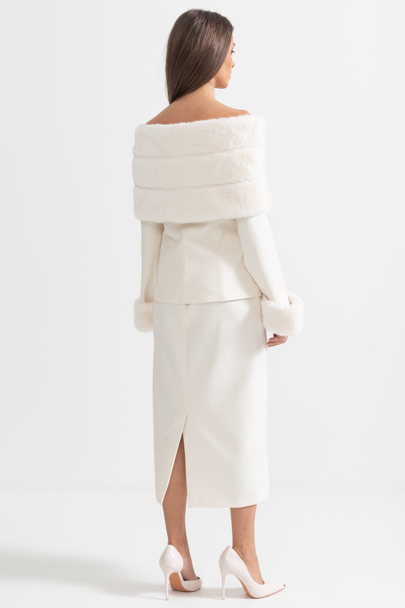 Two-Piece Ensemble With Faux Fur Shawl, Cuffs And Maxi Skirt - White