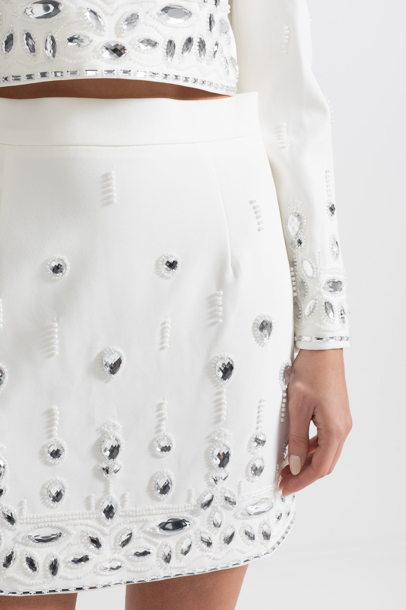 Diamond Embellished Co-Ord with Mini Skirt - White