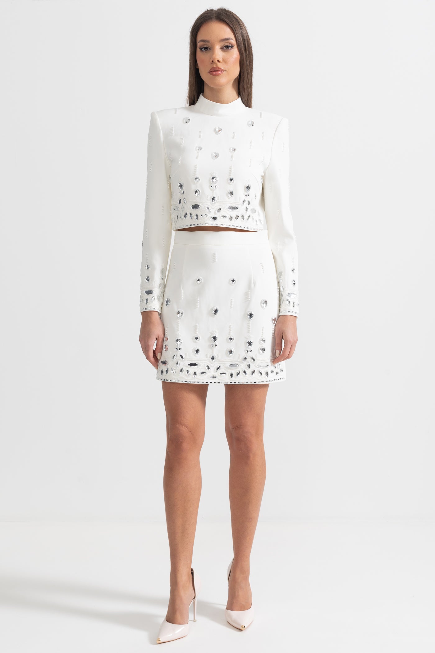 Diamond Embellished Co-Ord with Mini Skirt - White