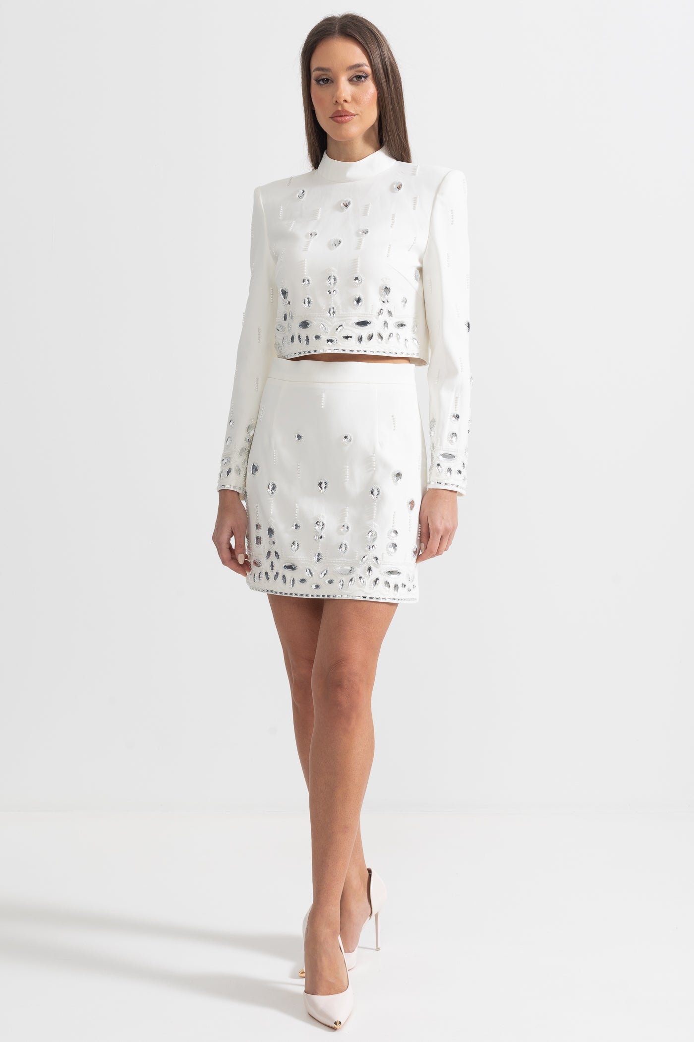 Diamond Embellished Co-Ord with Mini Skirt - White