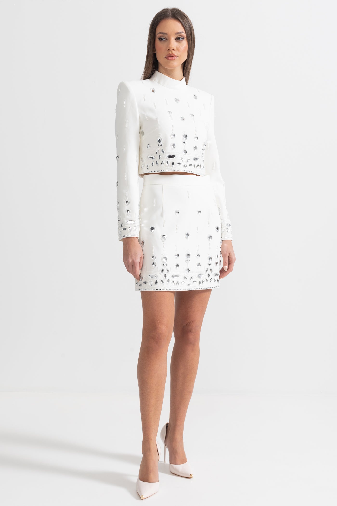 Diamond Embellished Co-Ord with Mini Skirt - White