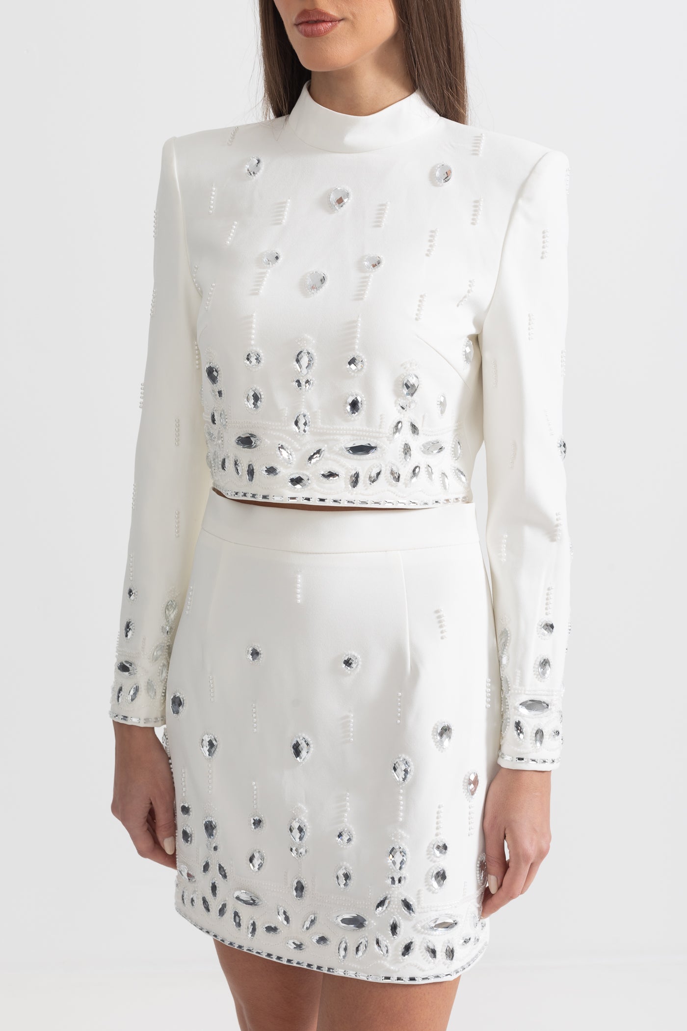 Diamond Embellished Co-Ord with Mini Skirt - White