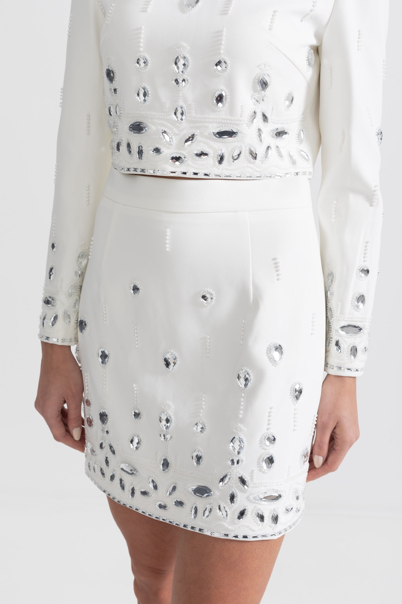 Diamond Embellished Co-Ord with Mini Skirt - White