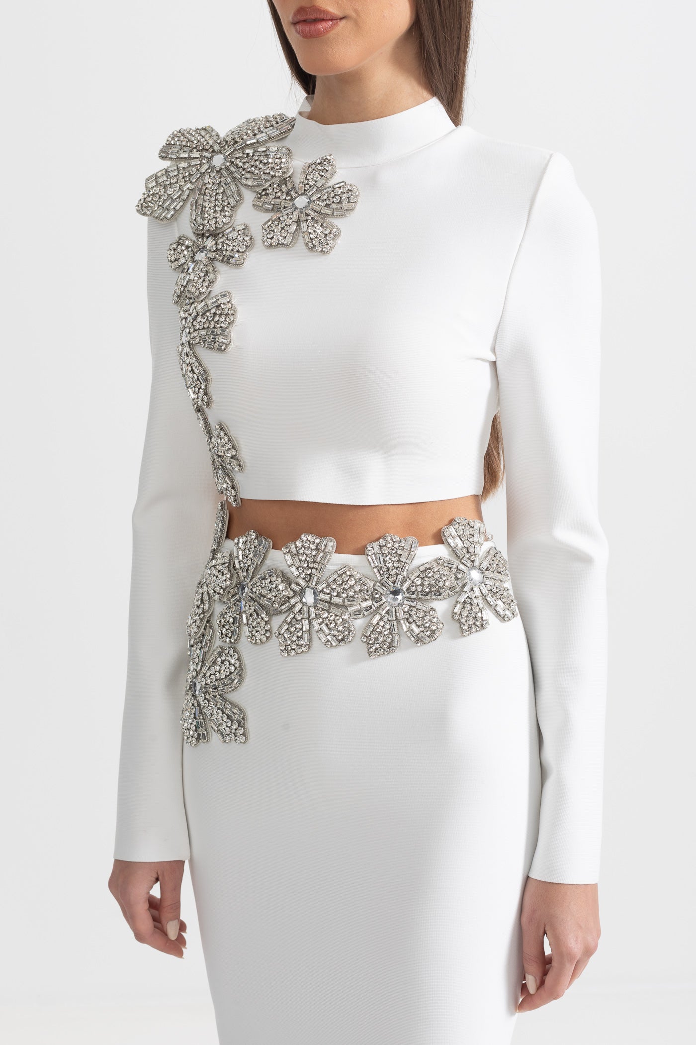 Diamond Flower Accent 2 Piece Set With Long Sleeves Top And Maxi Skirt - White