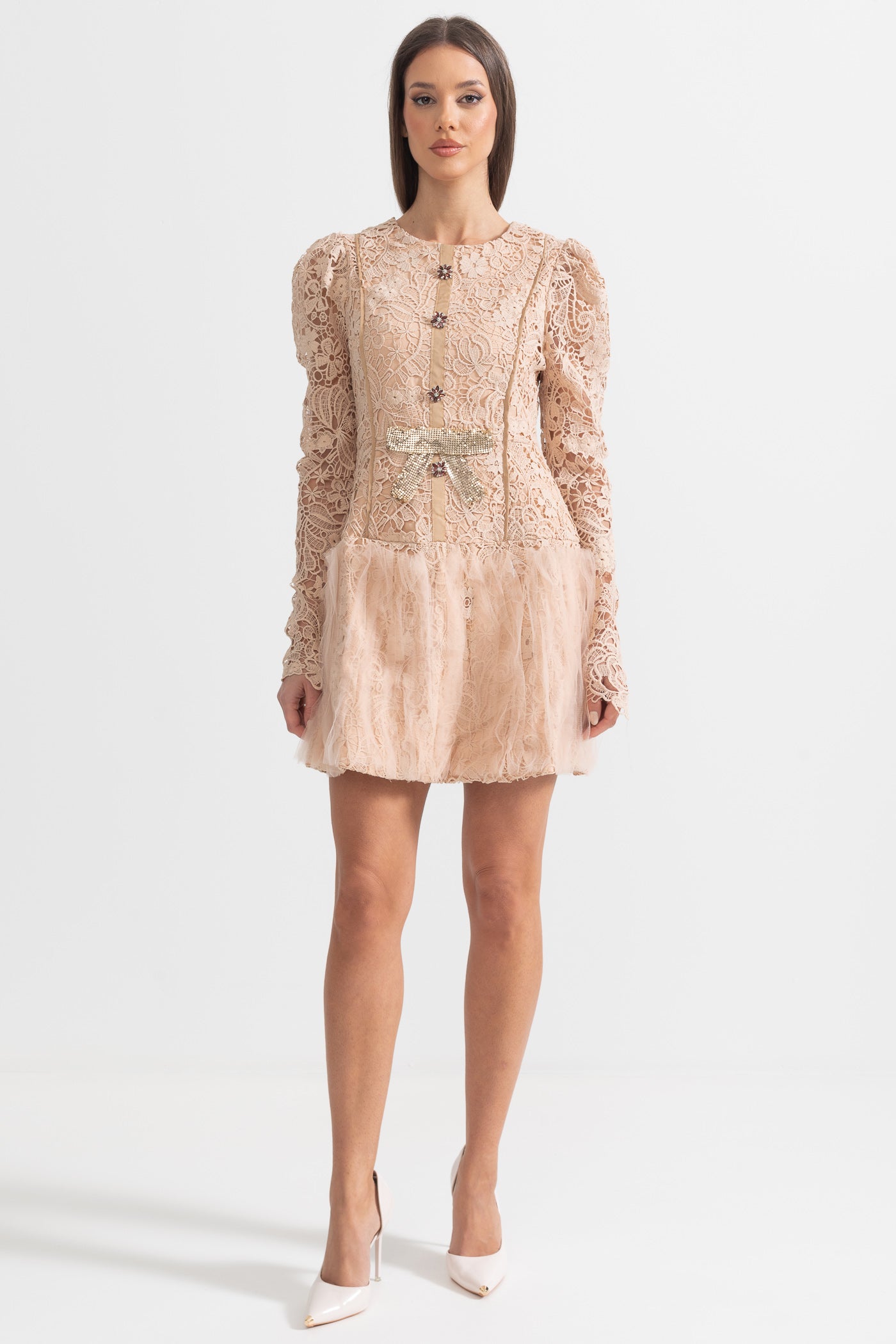 Silhouette Dress With Tulle Skirt And Lace Details - Beige