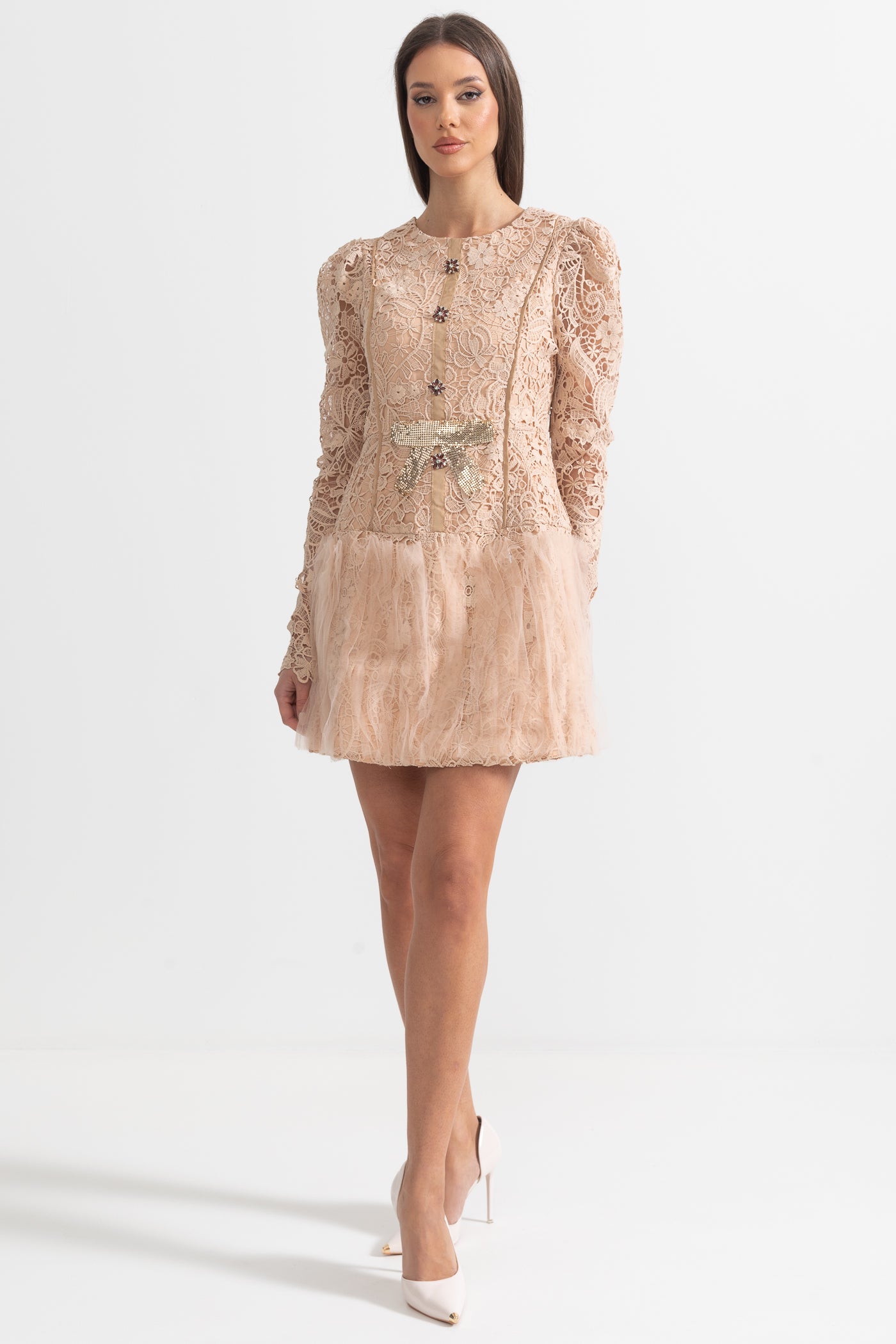 Silhouette Dress With Tulle Skirt And Lace Details - Beige