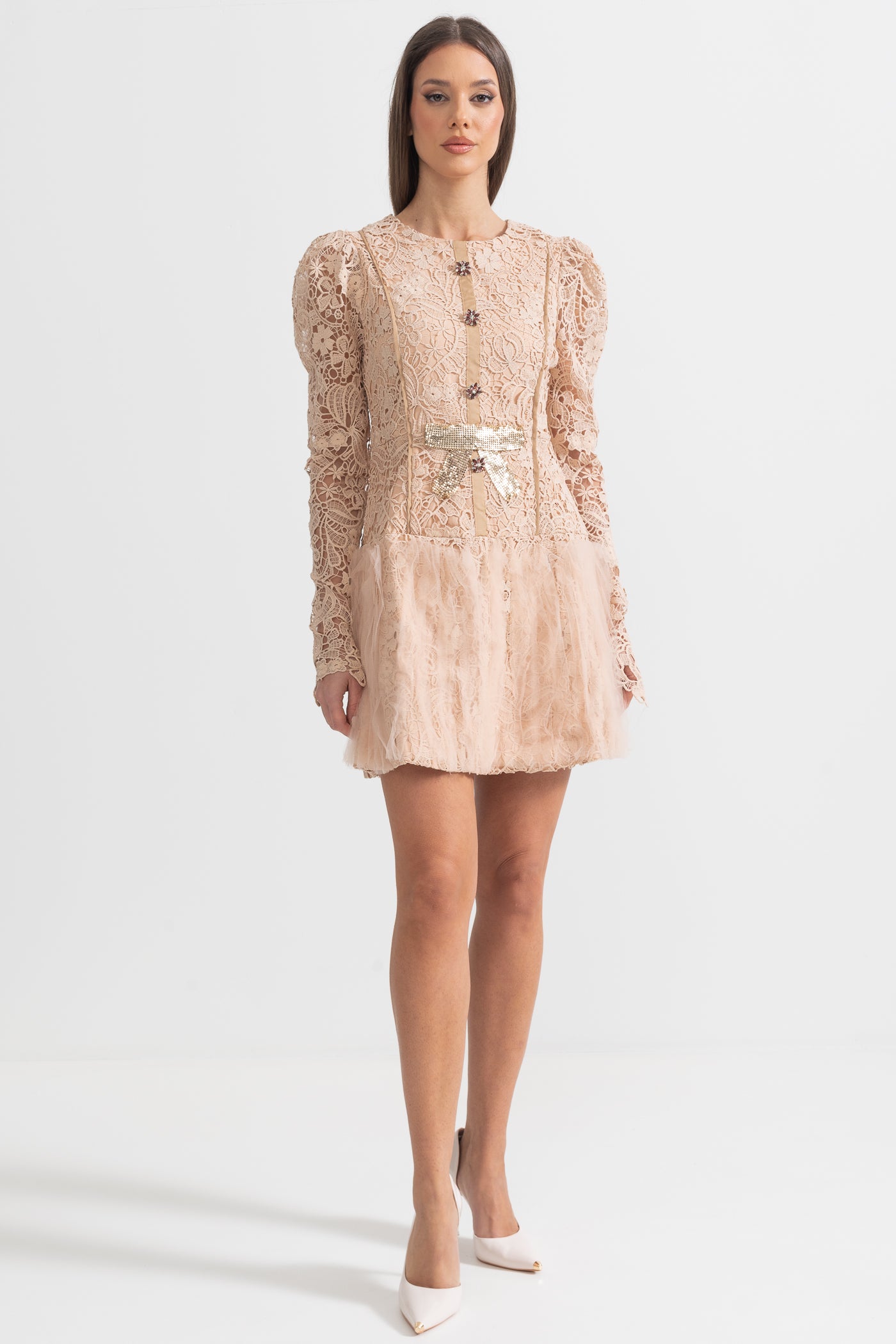 Silhouette Dress With Tulle Skirt And Lace Details - Beige