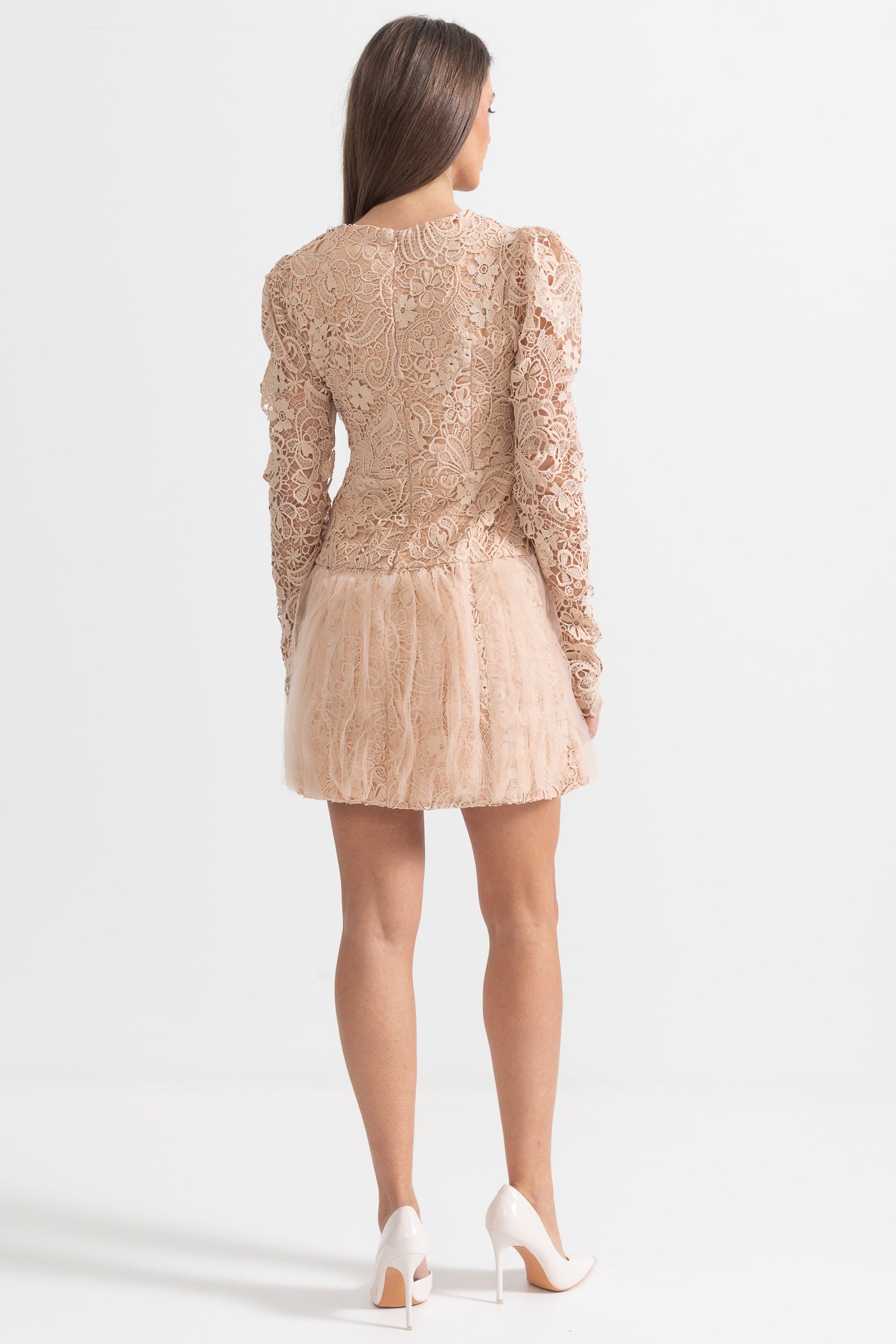 Silhouette Dress With Tulle Skirt And Lace Details - Beige