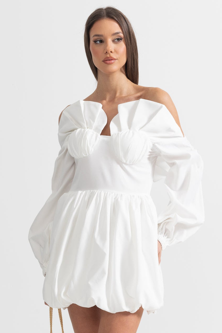 Mini Dress With Oversized Ruffled Sleeves And Voluminous Skirt - White