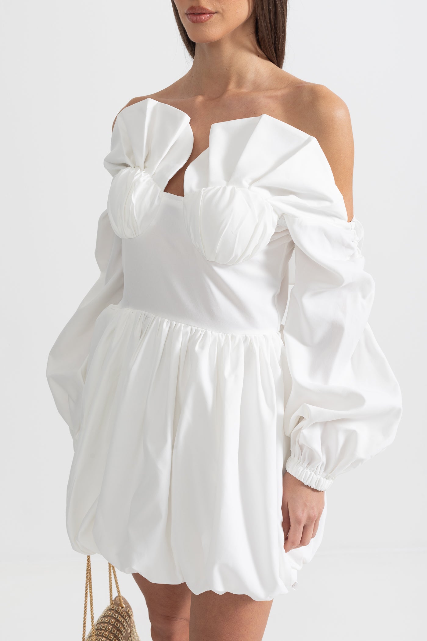 Mini Dress With Oversized Ruffled Sleeves And Voluminous Skirt - White