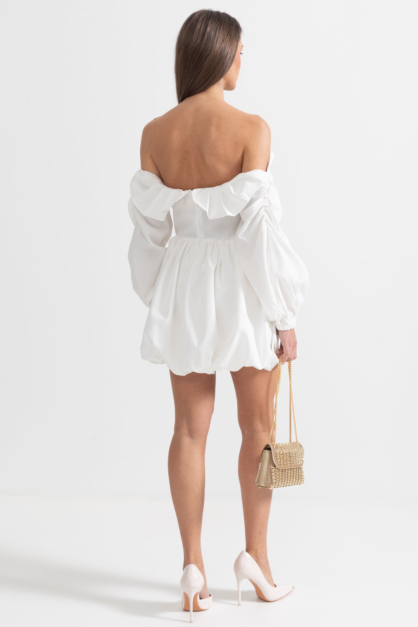 Mini Dress With Oversized Ruffled Sleeves And Voluminous Skirt - White