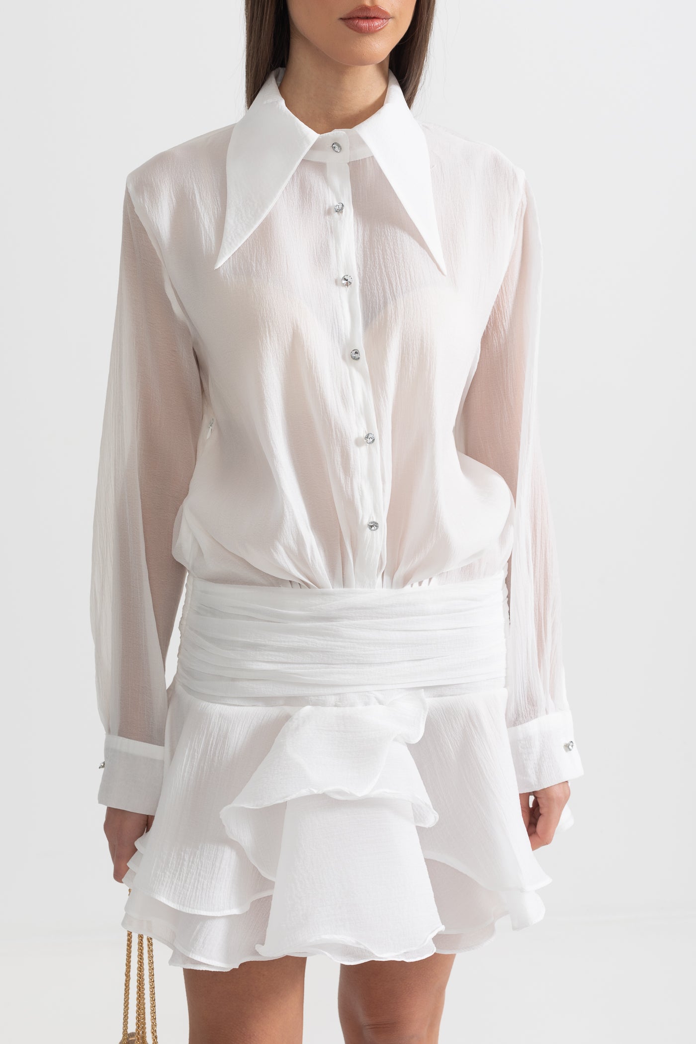 Button-Up Shirt With Cinched Waist - White