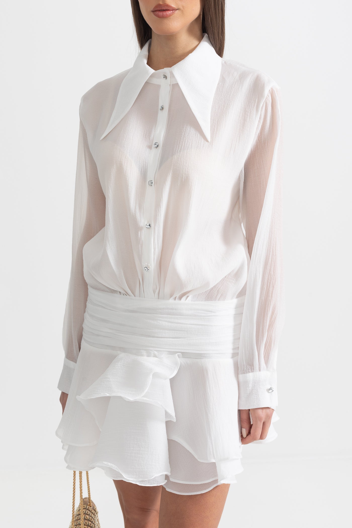 Button-Up Shirt With Cinched Waist - White