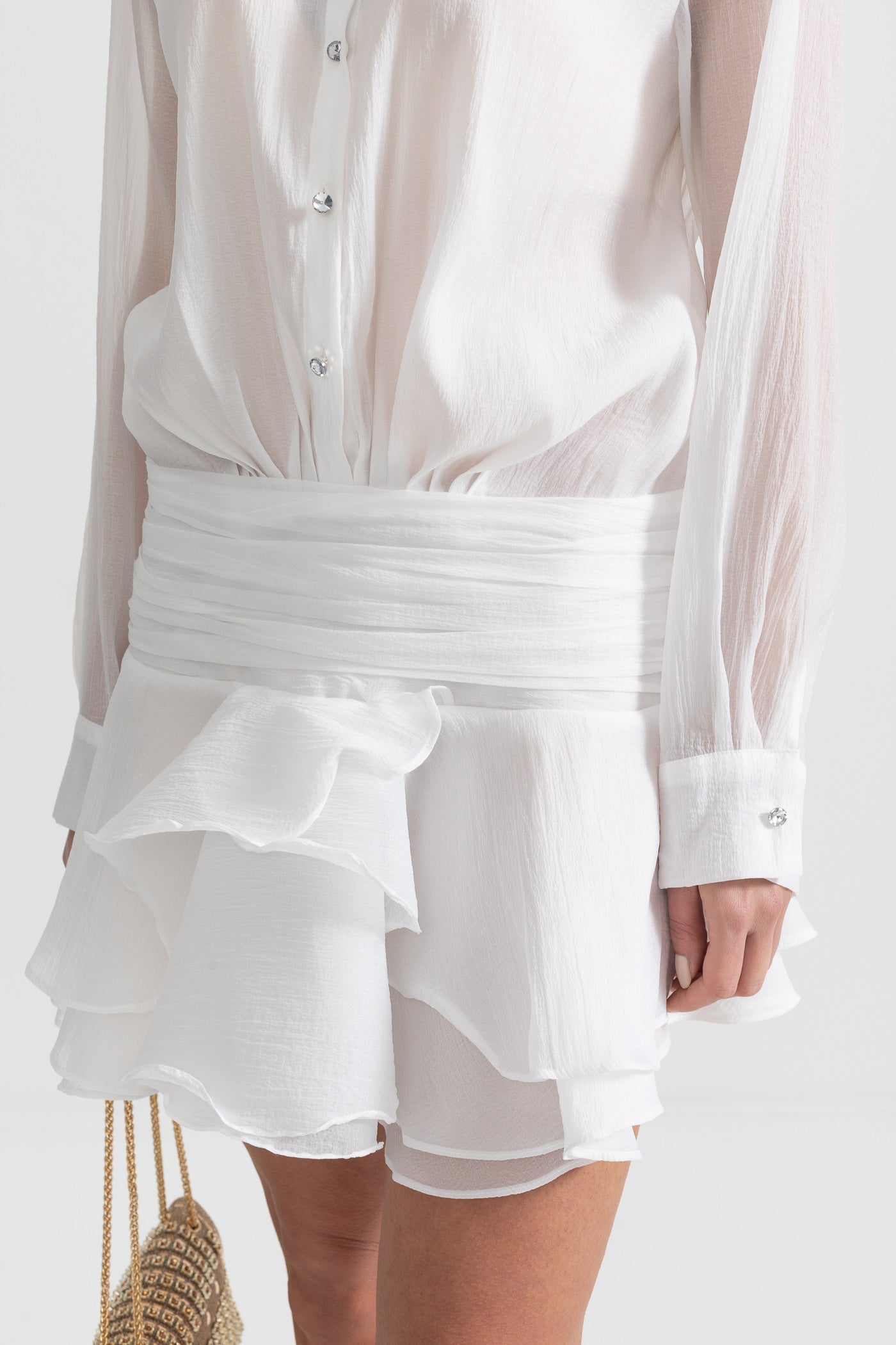 Button-Up Shirt With Cinched Waist - White