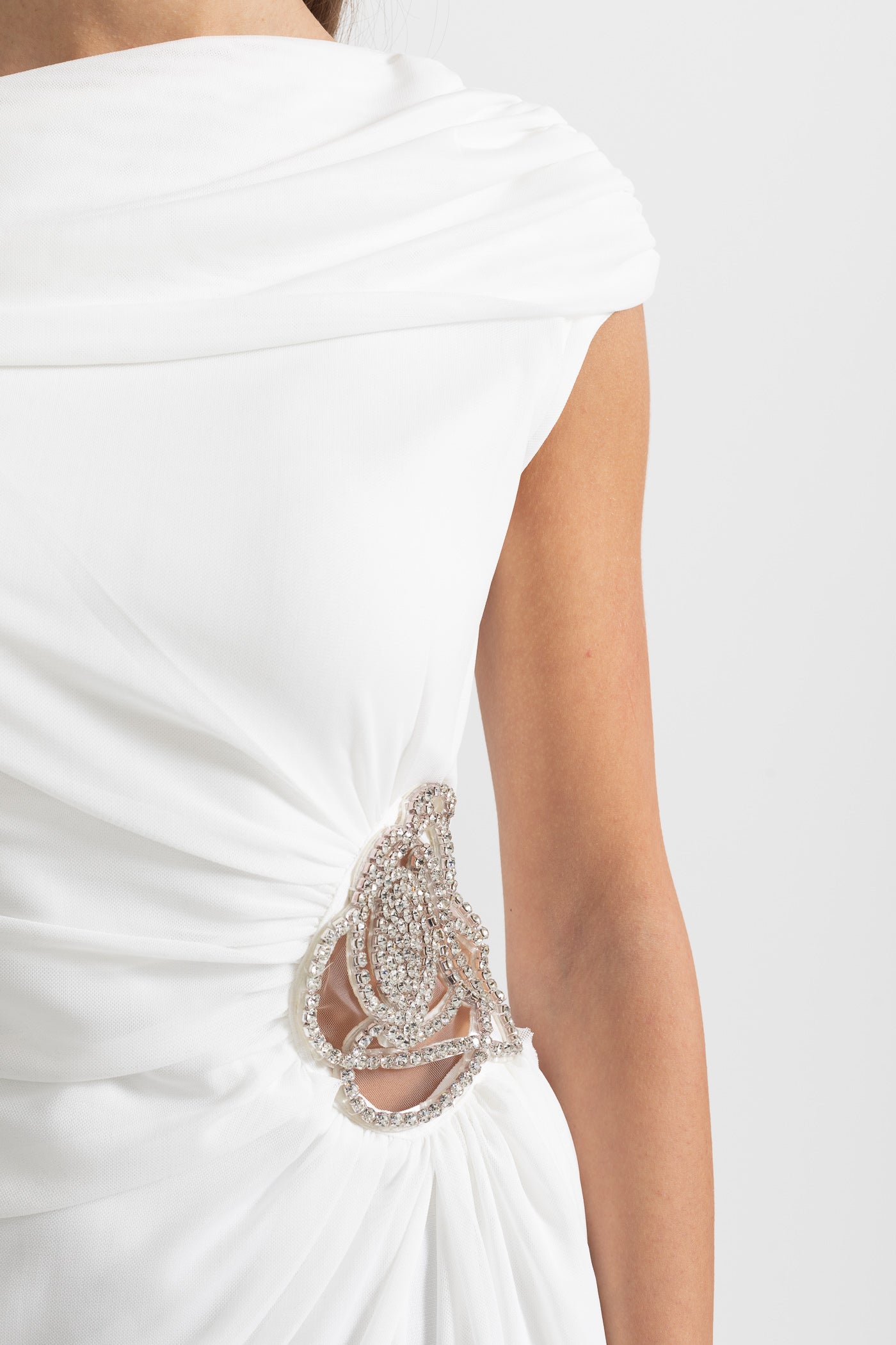 One-Shoulder Draped Dress With Silver Floral Brooch - White