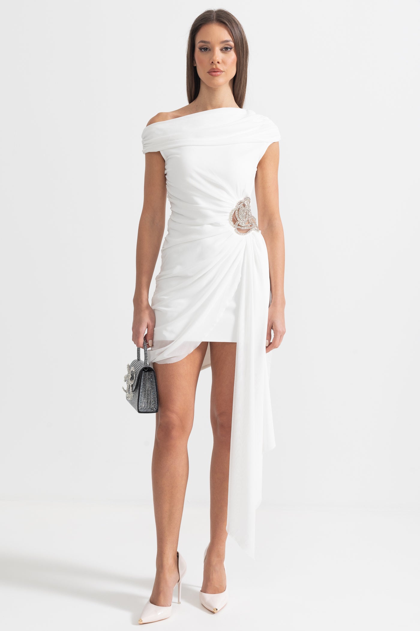 One-Shoulder Draped Dress With Silver Floral Brooch - White