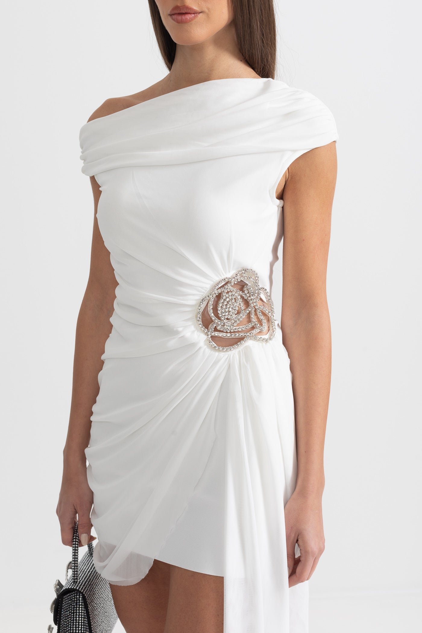 One-Shoulder Draped Dress With Silver Floral Brooch - White