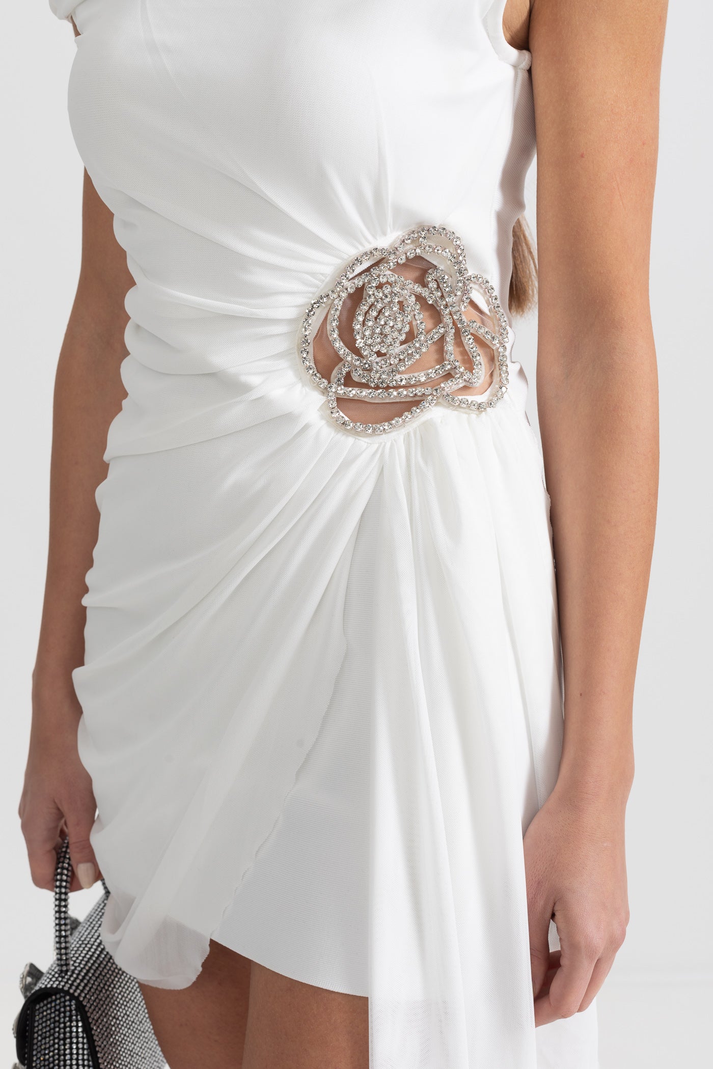 One-Shoulder Draped Dress With Silver Floral Brooch - White