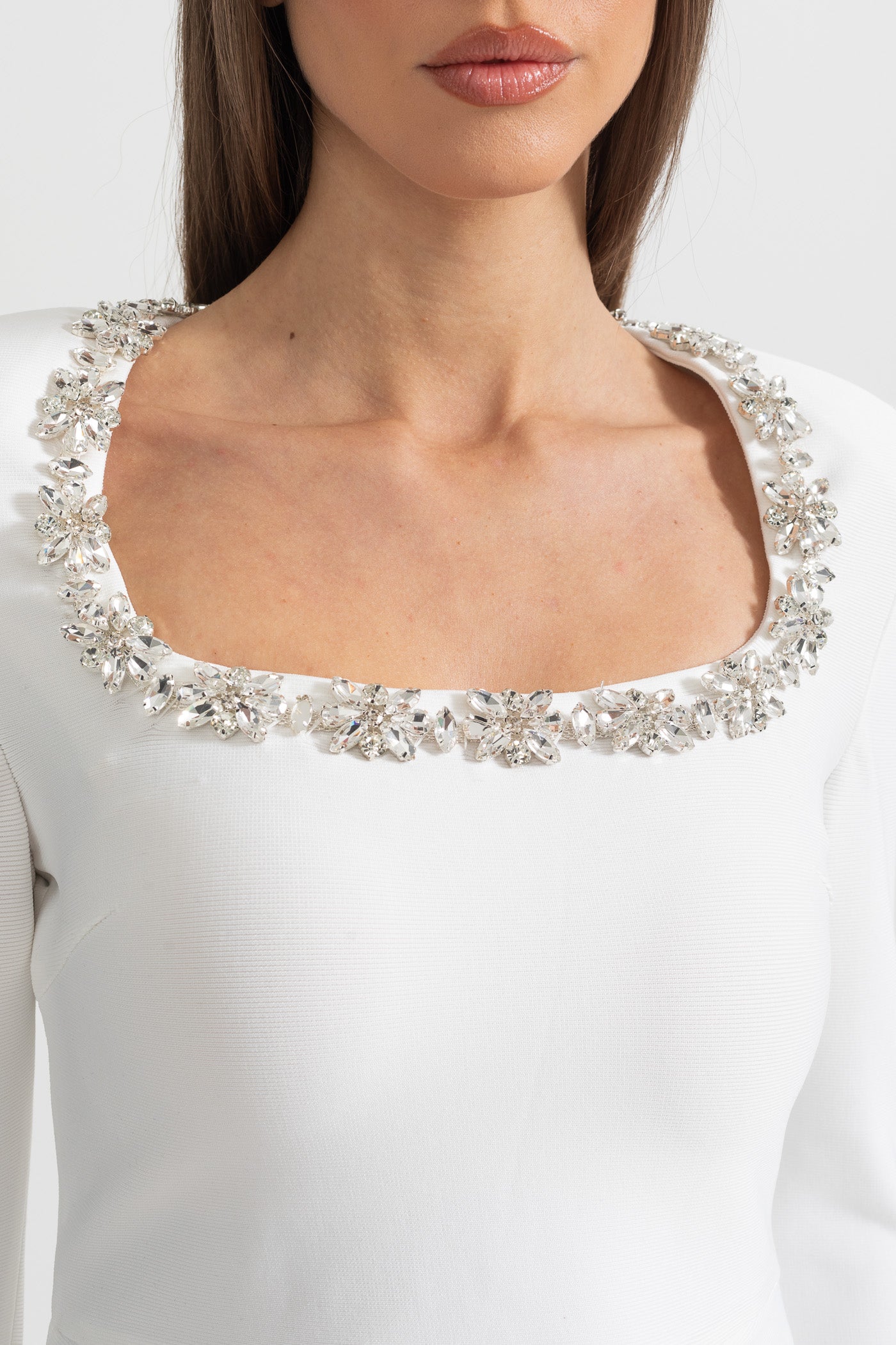 Elegant Dress With Square Neckline And Silver Floral Detailing - White