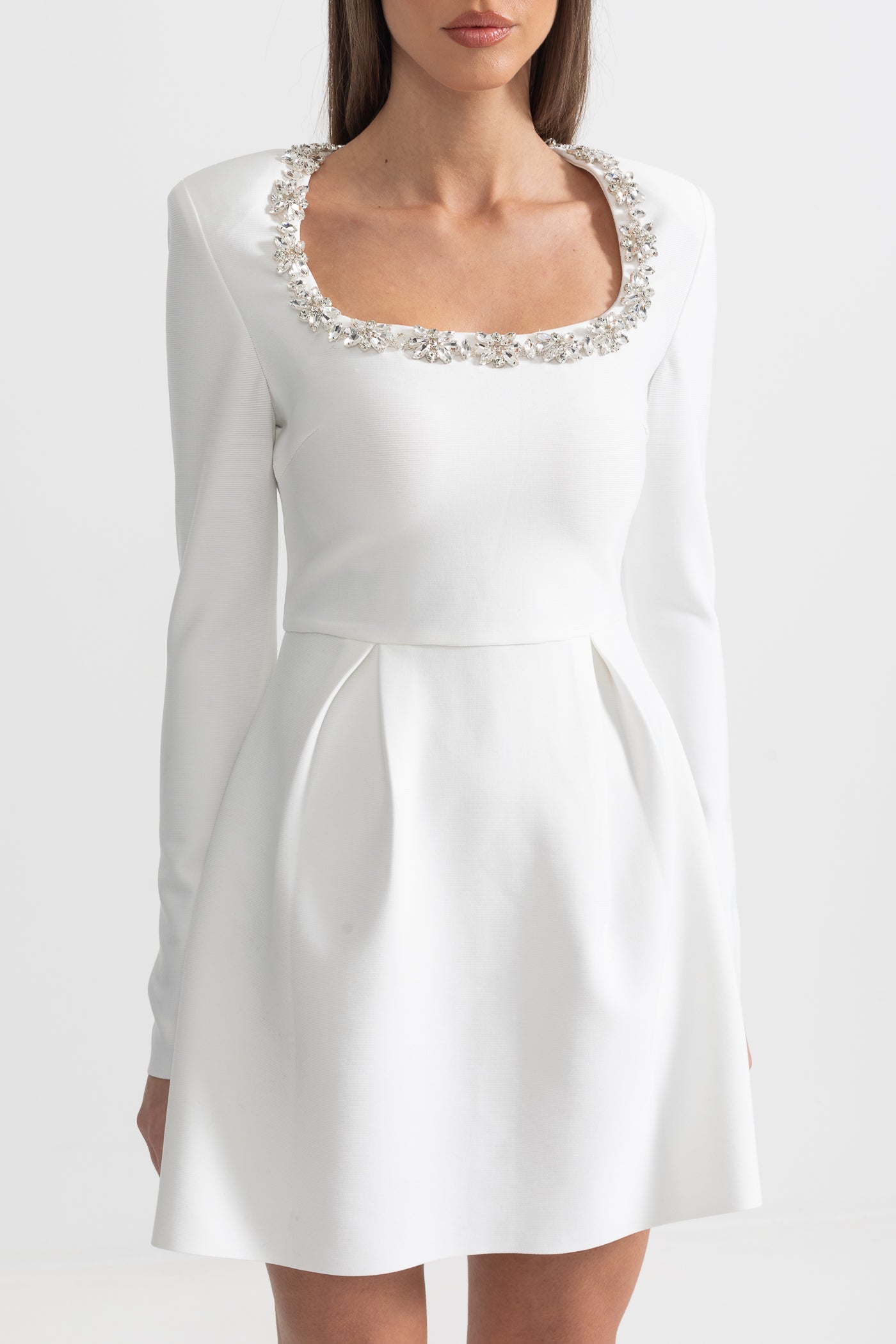 Elegant Dress With Square Neckline And Silver Floral Detailing - White