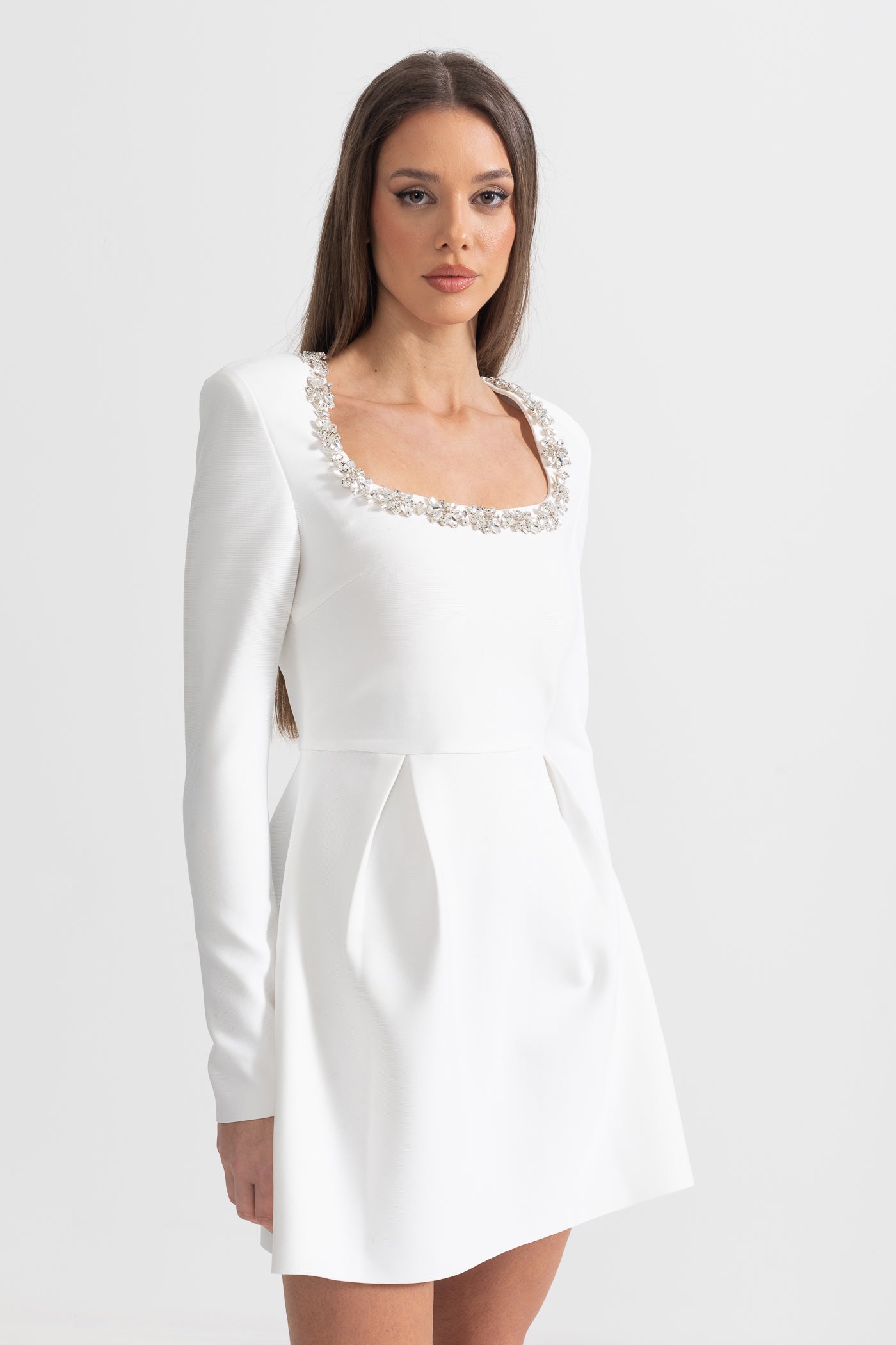 Elegant Dress With Square Neckline And Silver Floral Detailing - White