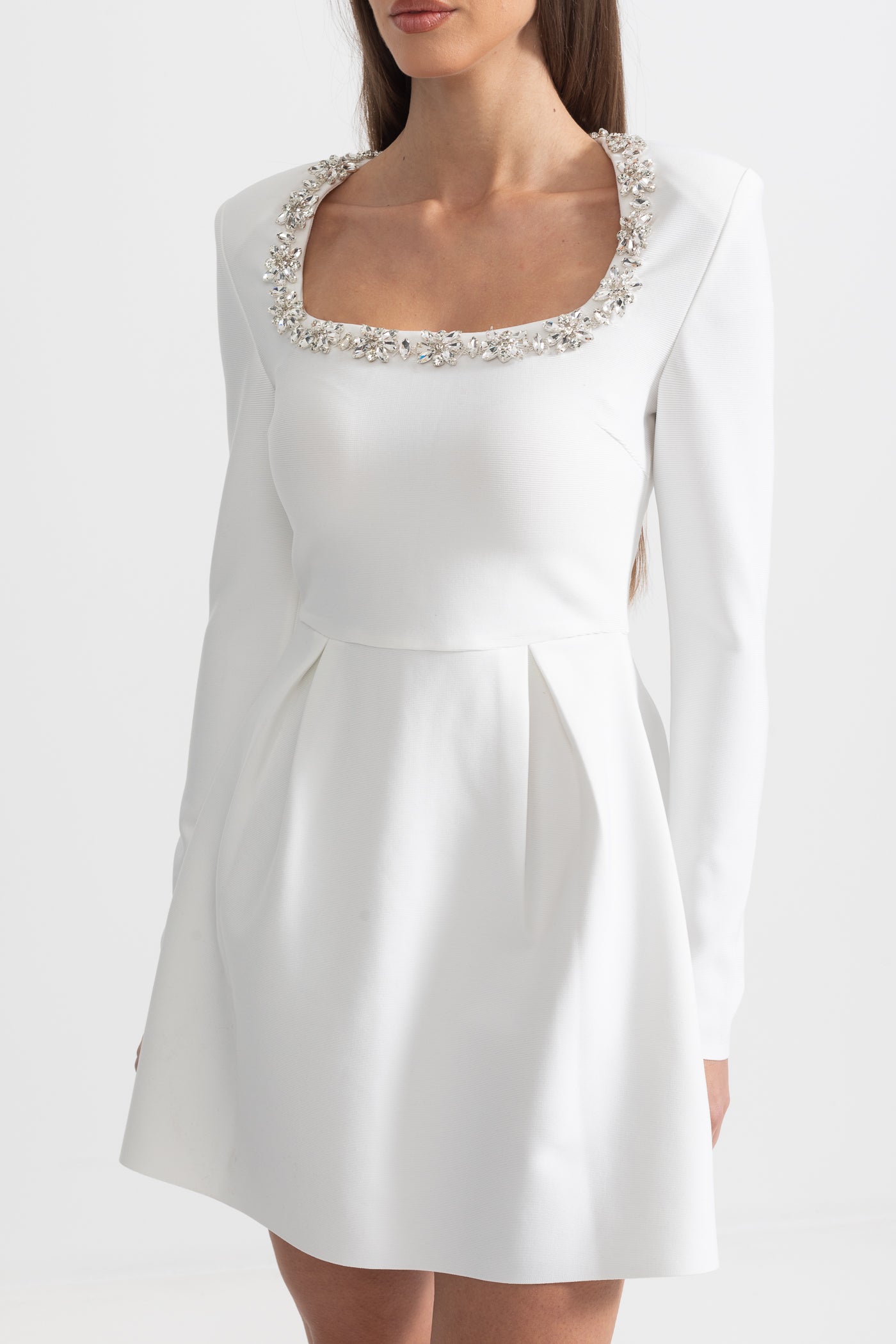 Elegant Dress With Square Neckline And Silver Floral Detailing - White