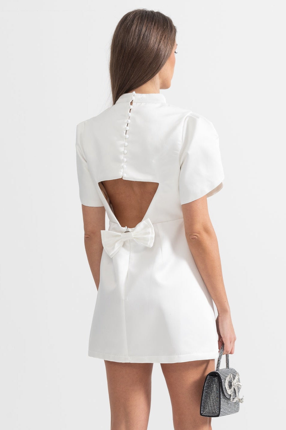 Elegant Mini Dress With Back Cutout and Bow - White