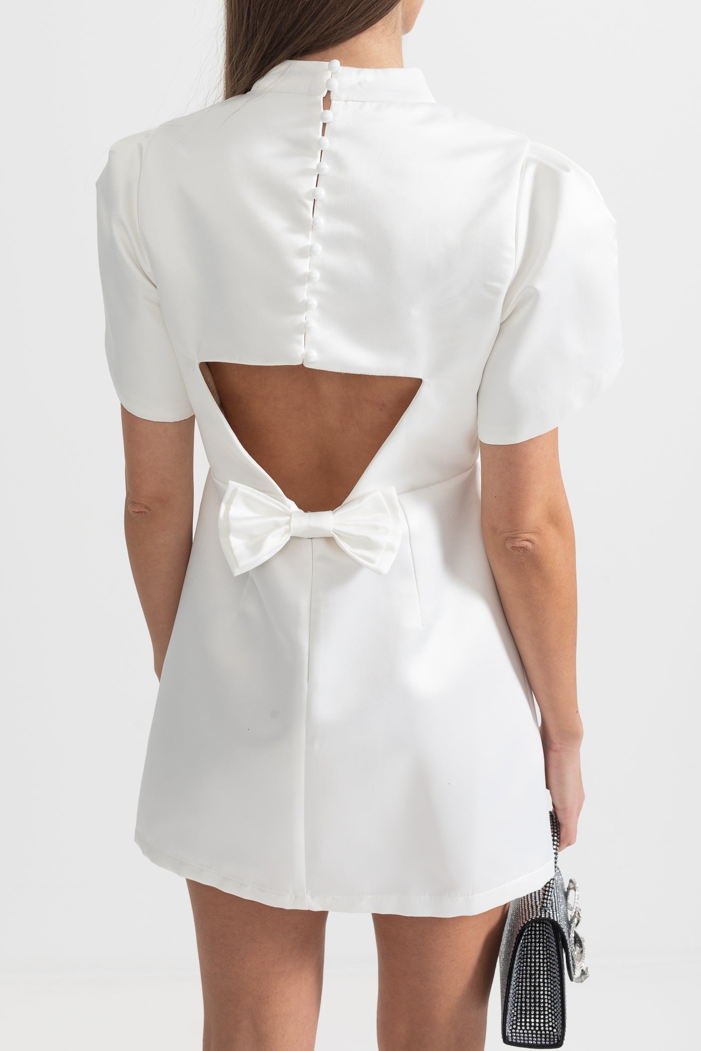 Elegant Mini Dress With Back Cutout and Bow - White