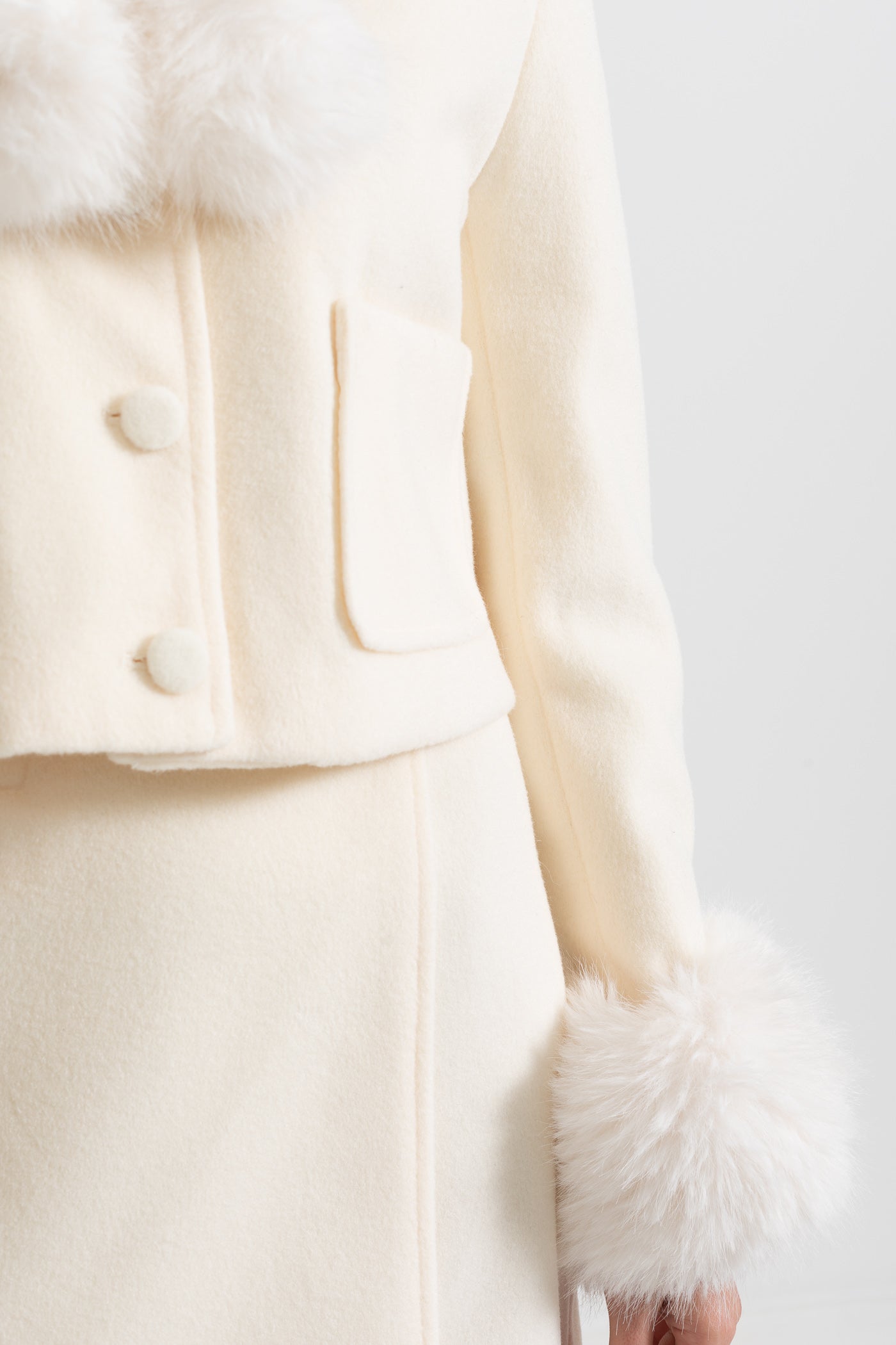 Two-Piece Ensemble With Fur-Trimmed Jacket And Matching Skirt - Beige