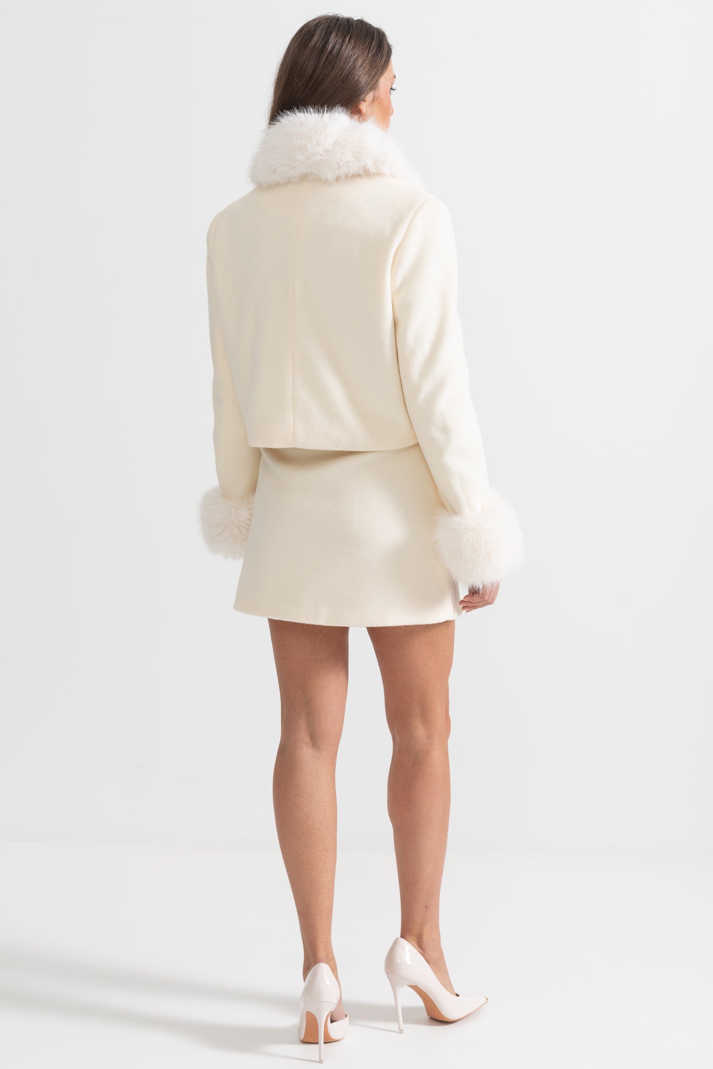 Two-Piece Ensemble With Fur-Trimmed Jacket And Matching Skirt - Beige