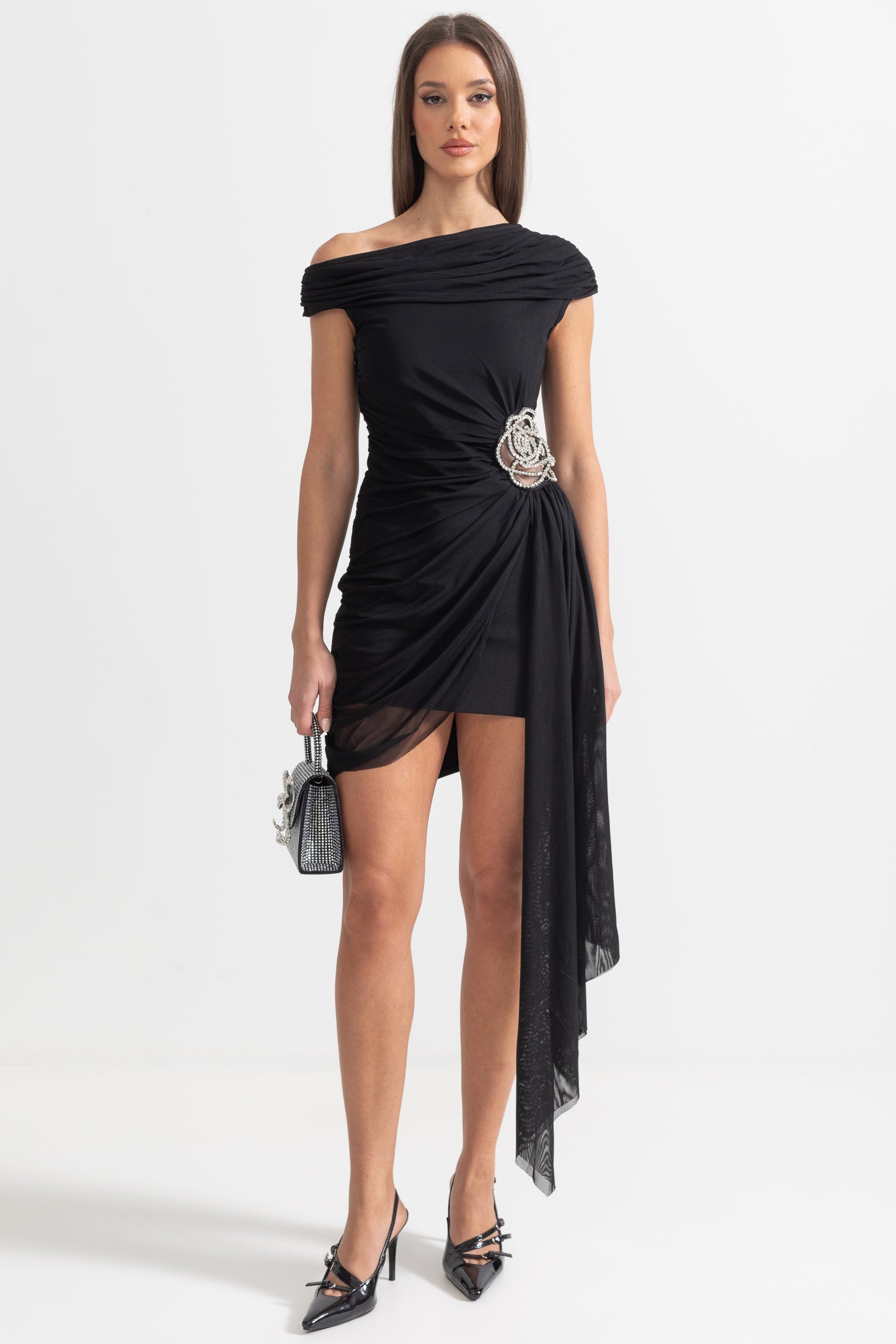 One-Shoulder Draped Dress With Silver Floral Brooch - Black