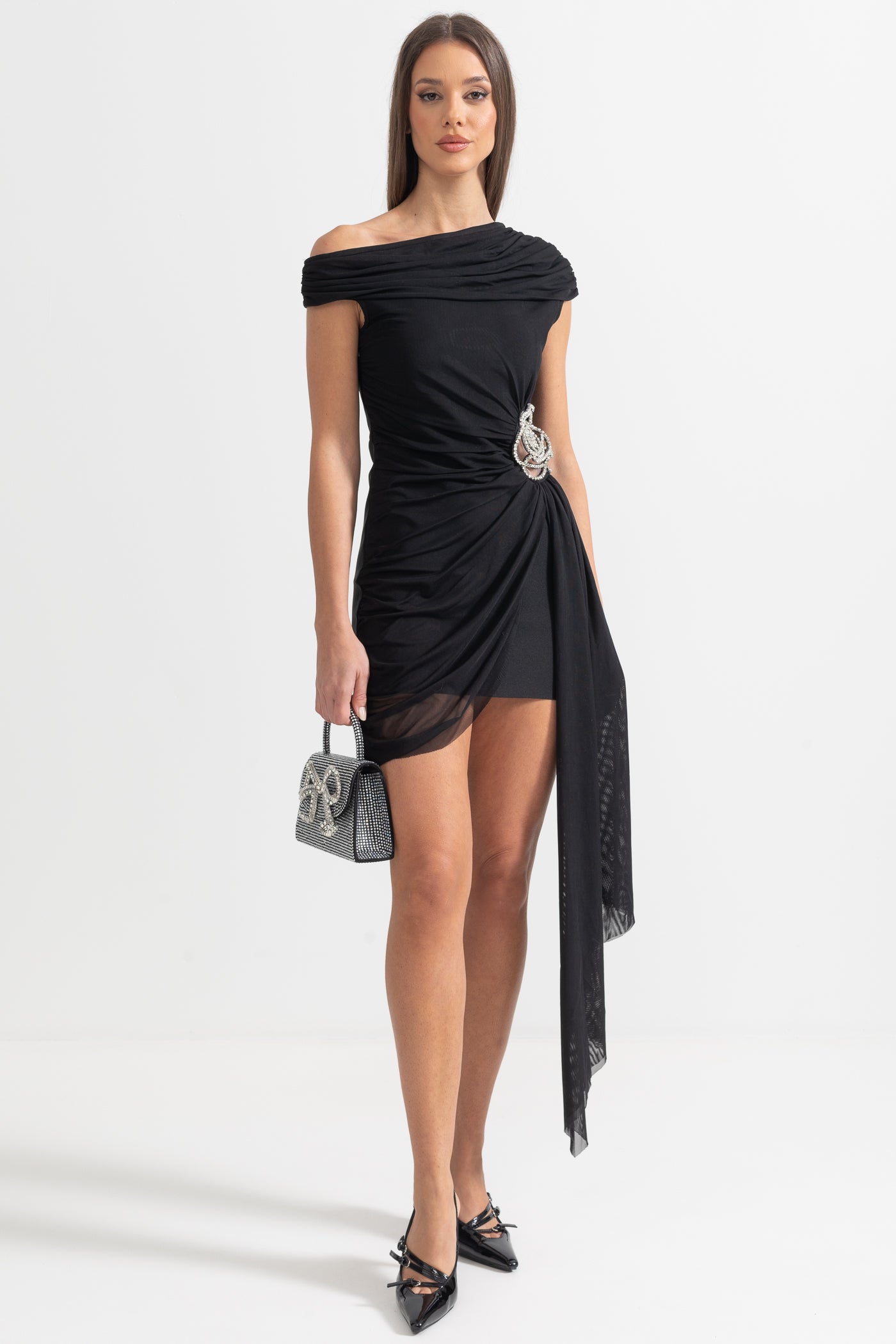 One-Shoulder Draped Dress With Silver Floral Brooch - Black